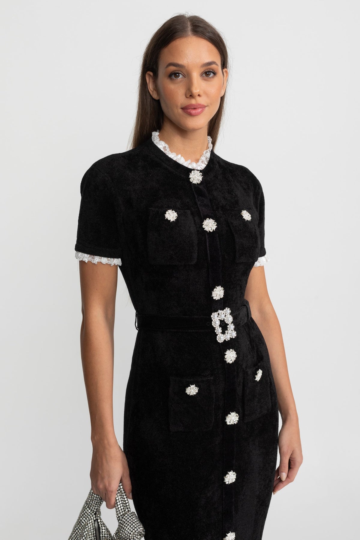 Short Sleeve Belted Jewel Button Front Lace Trim Knit Midi Dress 3