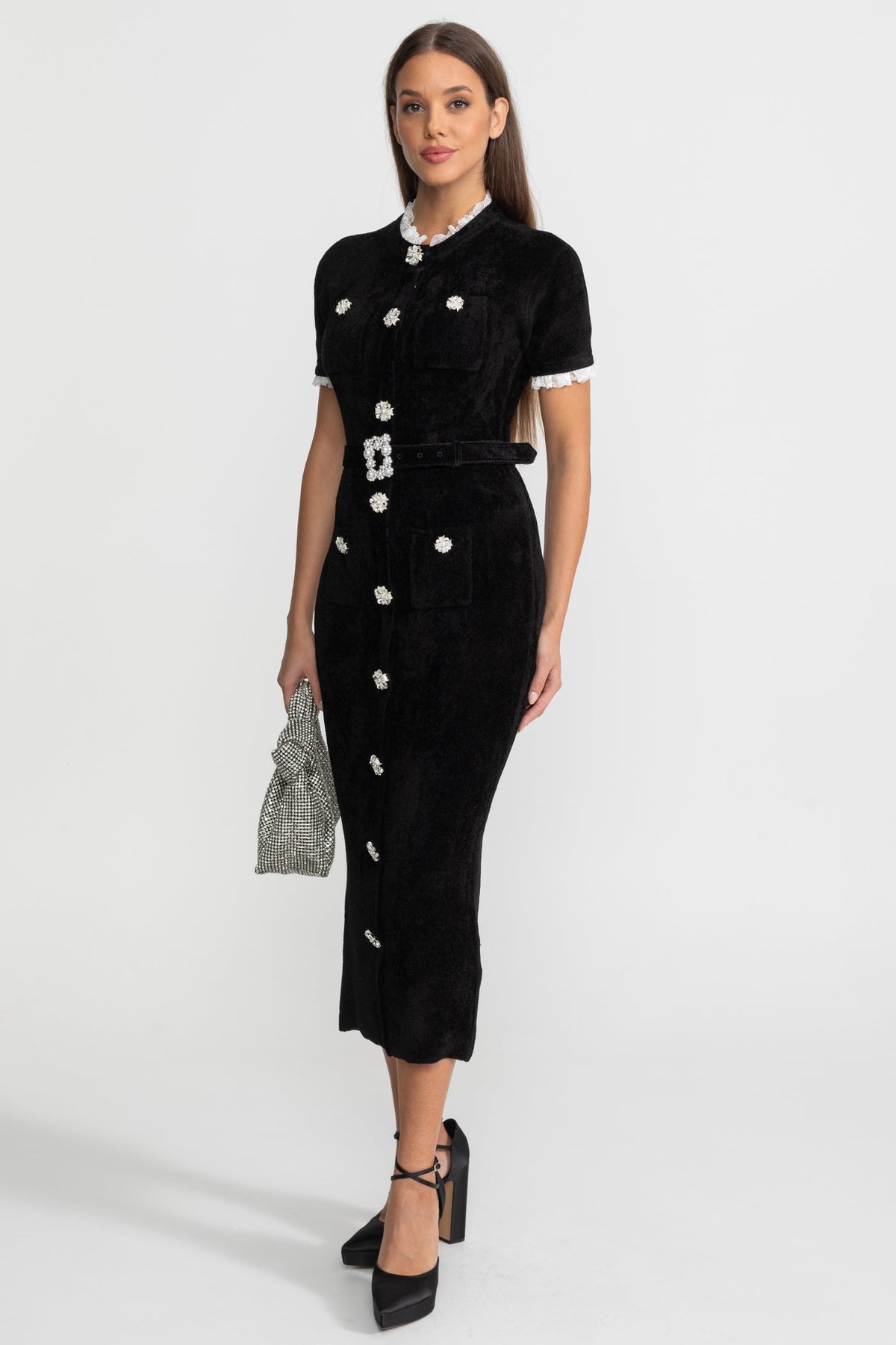 Short Sleeve Belted Jewel Button Front Lace Trim Knit Midi Dress 4