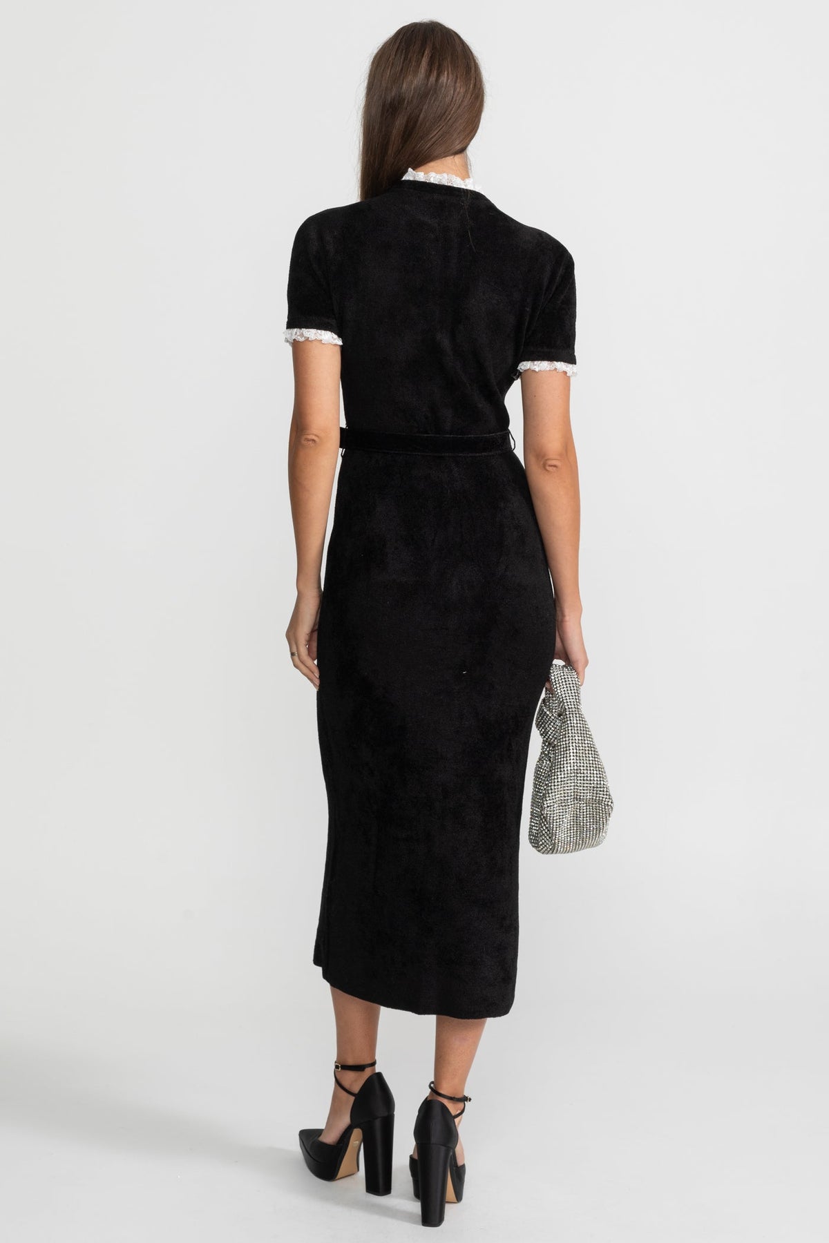 Short Sleeve Belted Jewel Button Front Lace Trim Knit Midi Dress 8