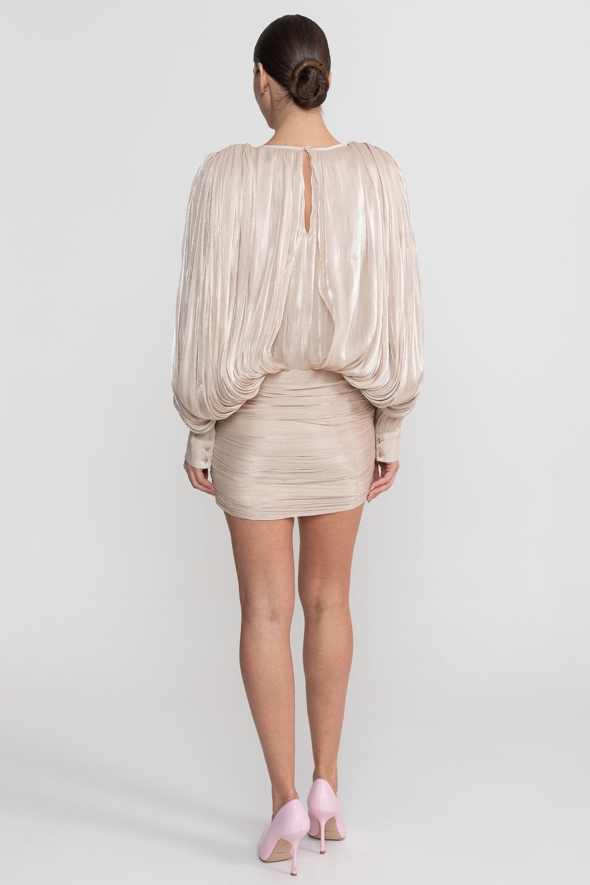 Pleated Tie Neck Batwing Long Sleeve Ruched Mini Dress 9