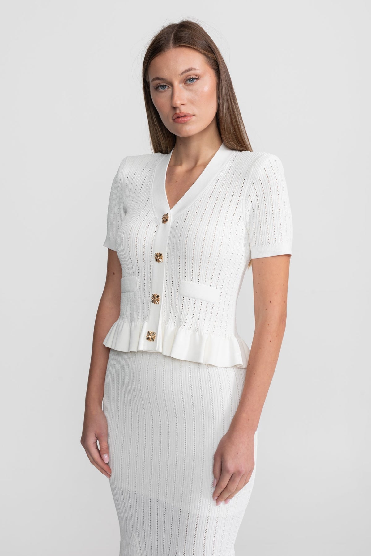 Pointelle Knit V-Neck Peplum Button Top and Flared Midi Skirt Two Piece Set 5