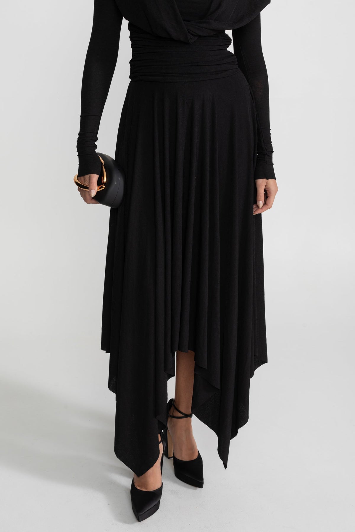 Draped Square Neck Long Sleeve Ruched Waist Handkerchief Hem Midi Dress 6