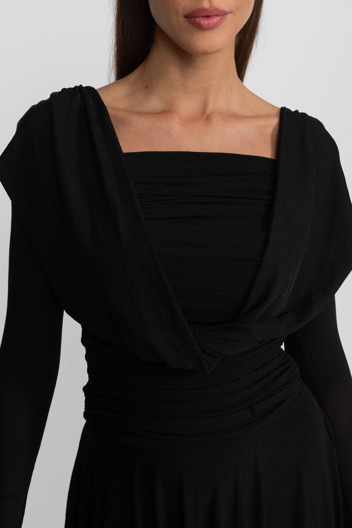 Draped Square Neck Long Sleeve Ruched Waist Handkerchief Hem Midi Dress 5