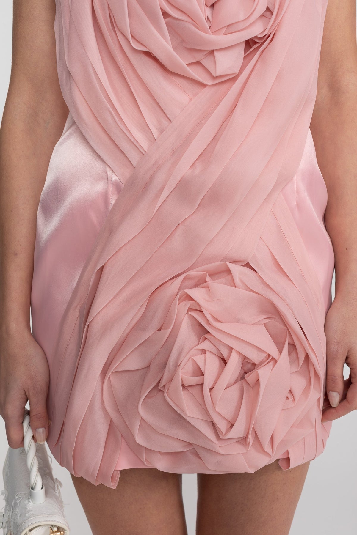 Strapless Pleated Rosette Applique Satin Mini Dress 6