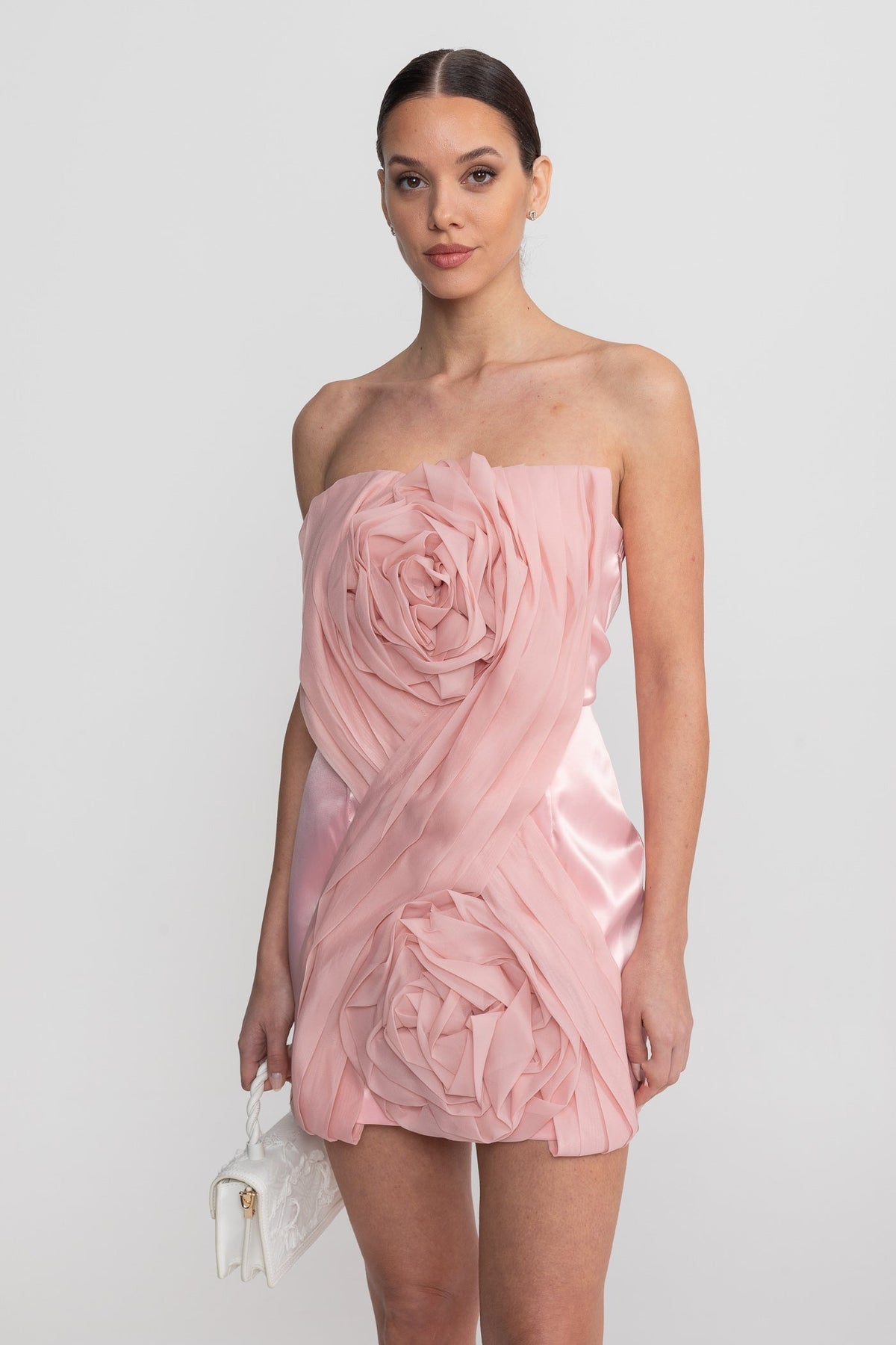 Strapless Pleated Rosette Applique Satin Mini Dress 7