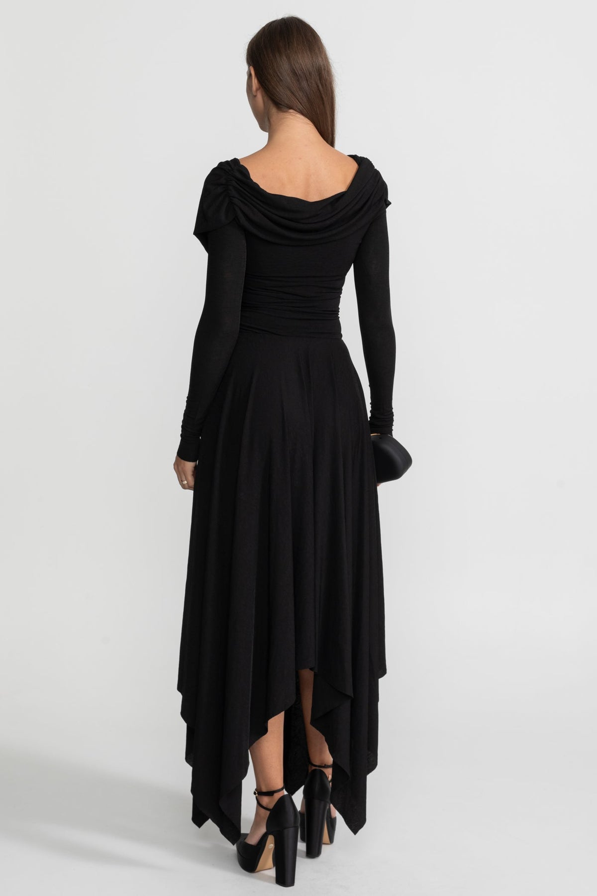 Draped Square Neck Long Sleeve Ruched Waist Handkerchief Hem Midi Dress 7