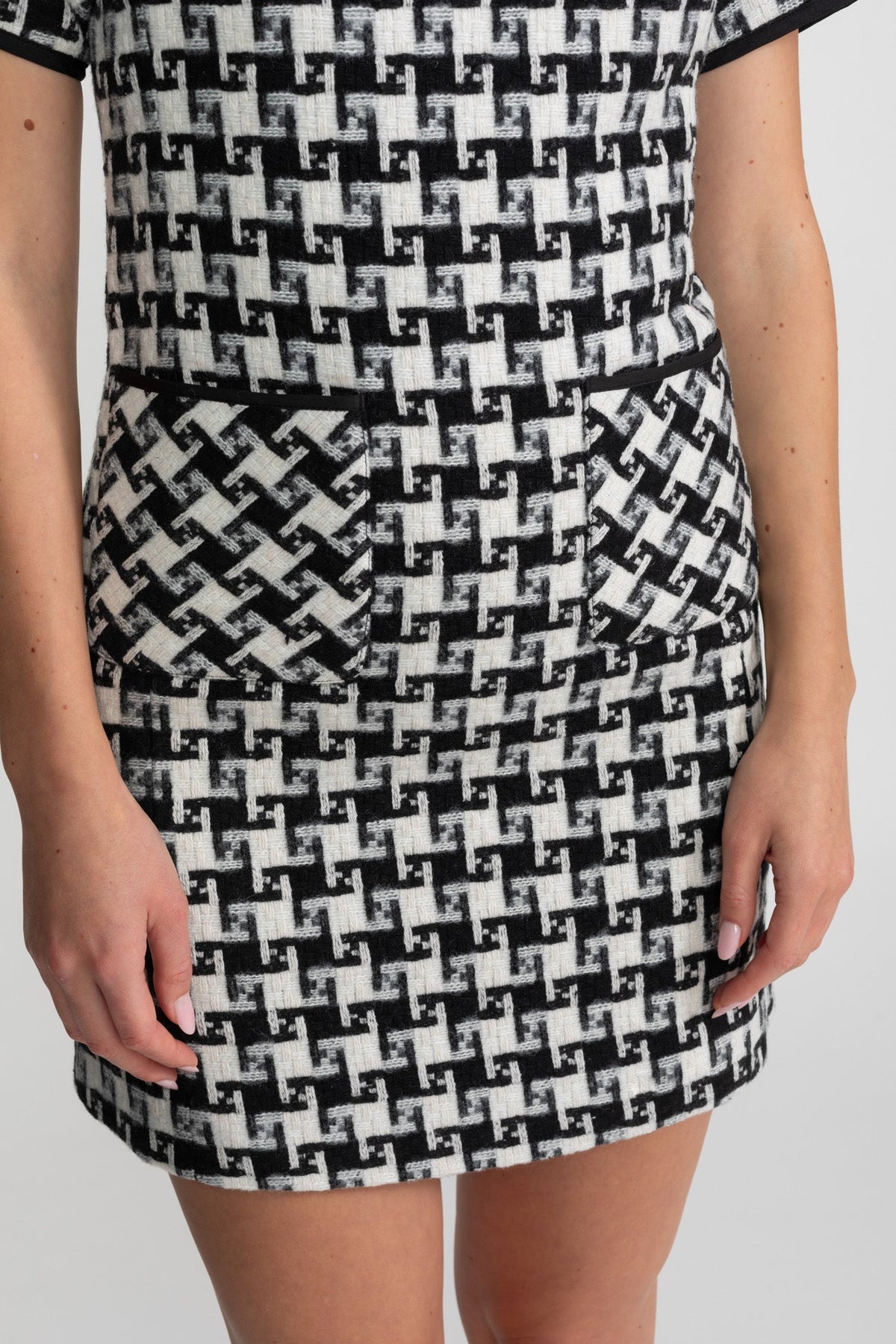 Houndstooth Tweed Short Sleeve Velvet Bow Keyhole Mini Dress 6