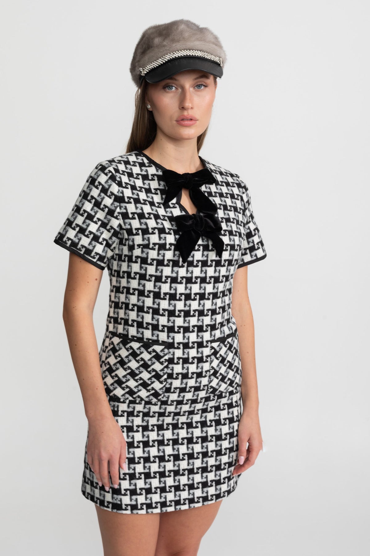 Houndstooth Tweed Short Sleeve Velvet Bow Keyhole Mini Dress 3