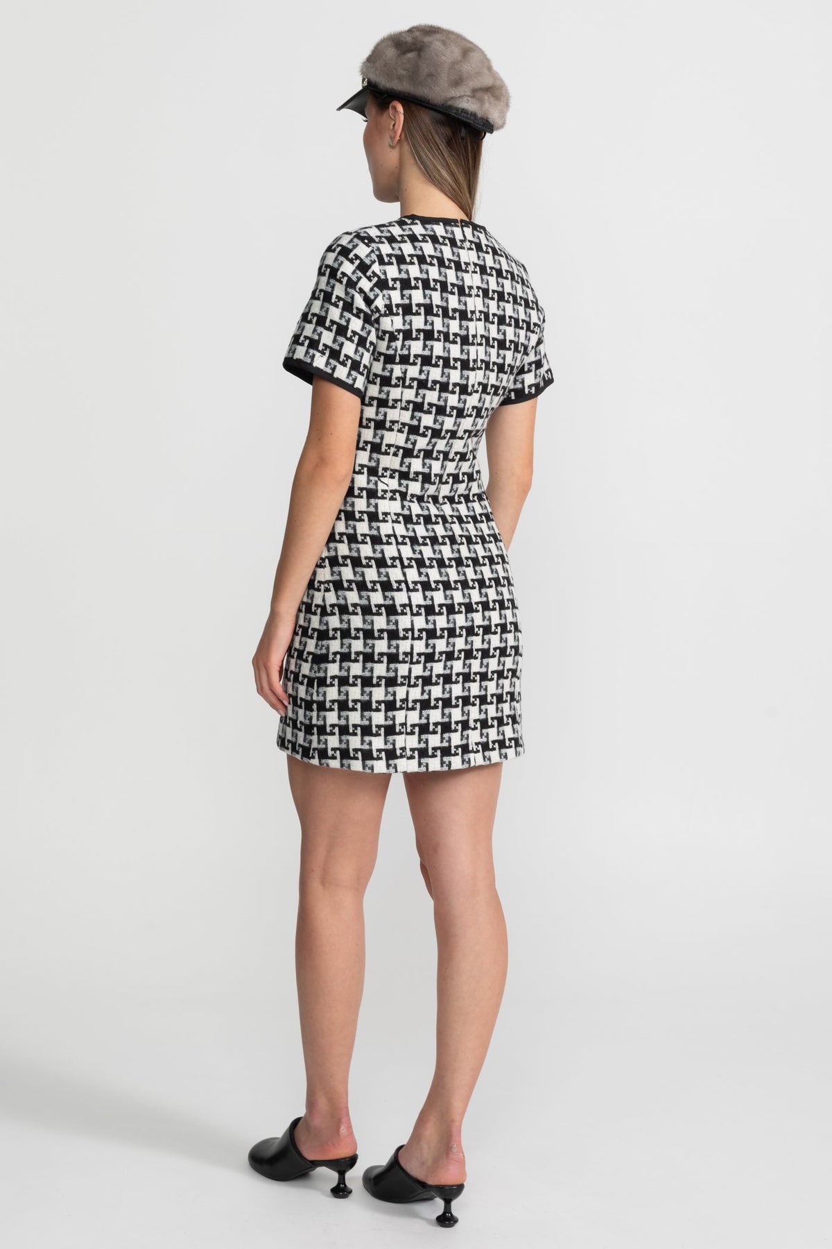 Houndstooth Tweed Short Sleeve Velvet Bow Keyhole Mini Dress 5