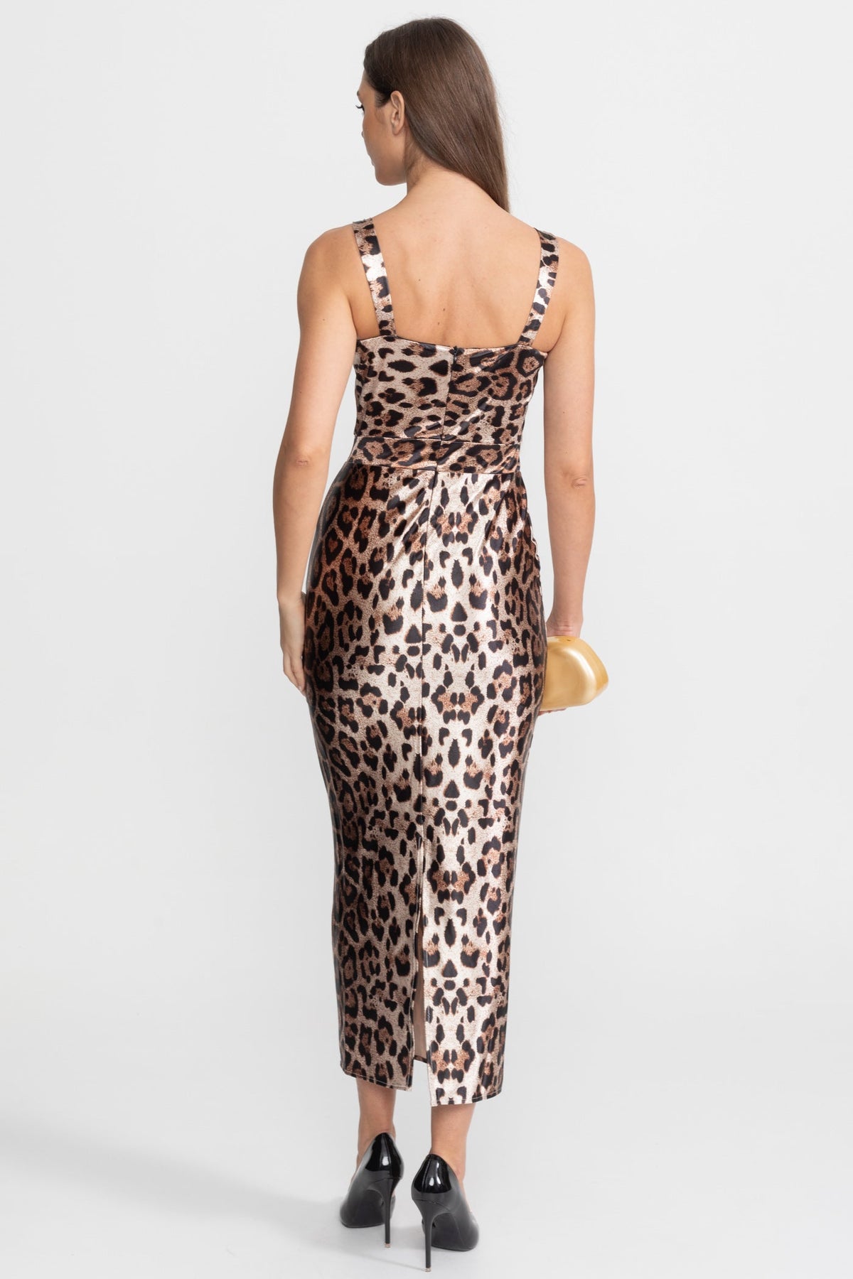 Leopard Print Satin Sweetheart Neck Bustier Bodycon Midi Dress 5
