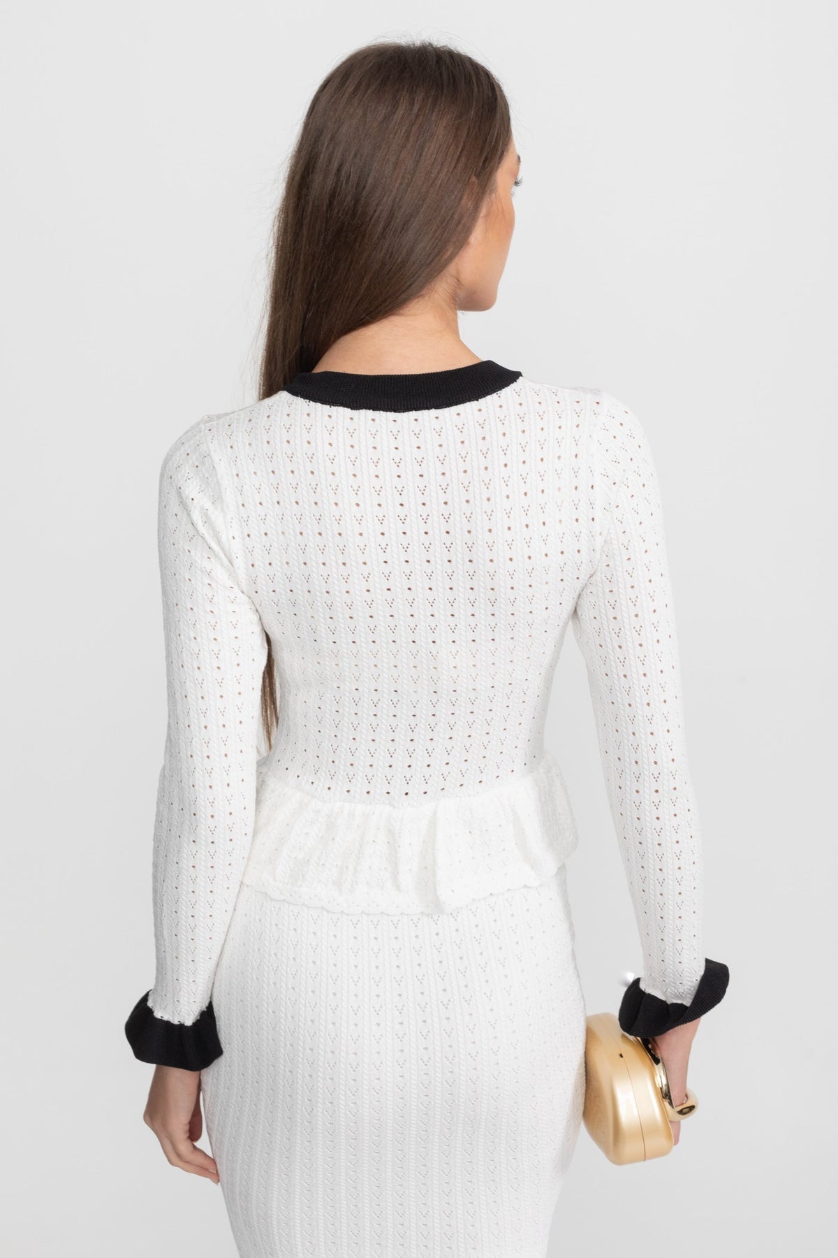 Pointelle Knit Contrast Trim Peplum Cardigan and Fluted Hem Midi Skirt Two Piece Set 7