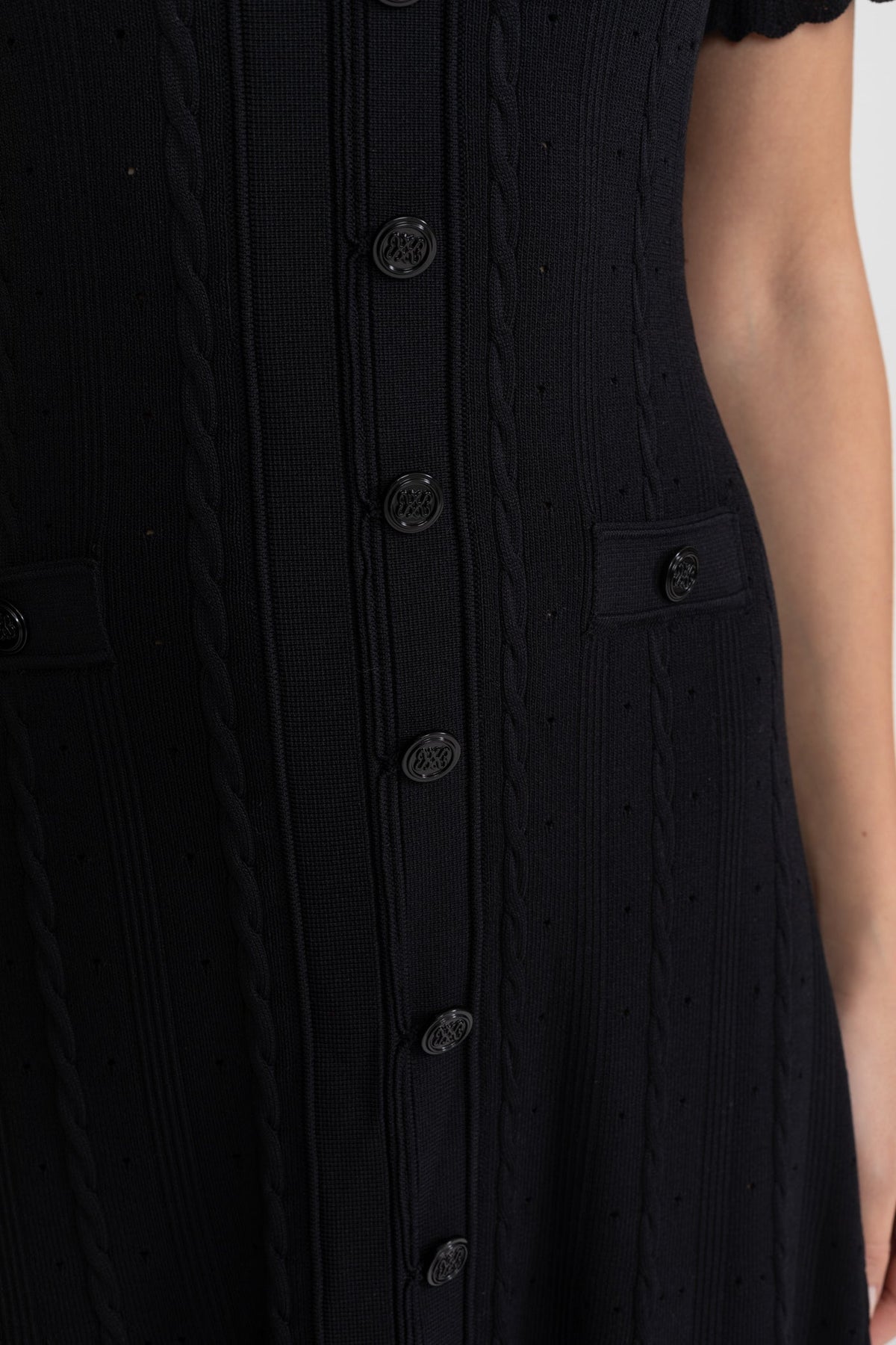Pointelle Knit Button Front Short Sleeve Ruffle Cuff A-Line Midi Dress 6