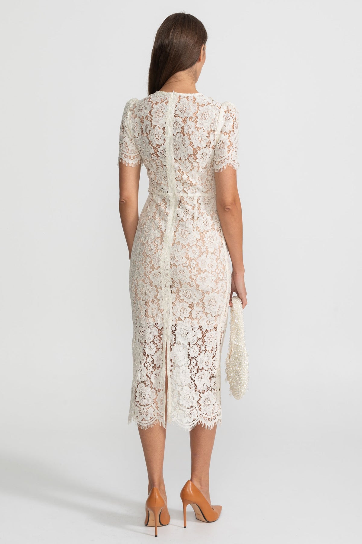 Floral Lace V-Neck Short Sleeve Bow Front Scalloped Hem Midi Dress 7