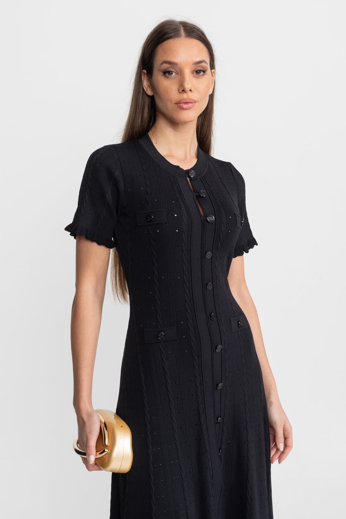 Pointelle Knit Button Front Short Sleeve Ruffle Cuff A-Line Midi Dress 3
