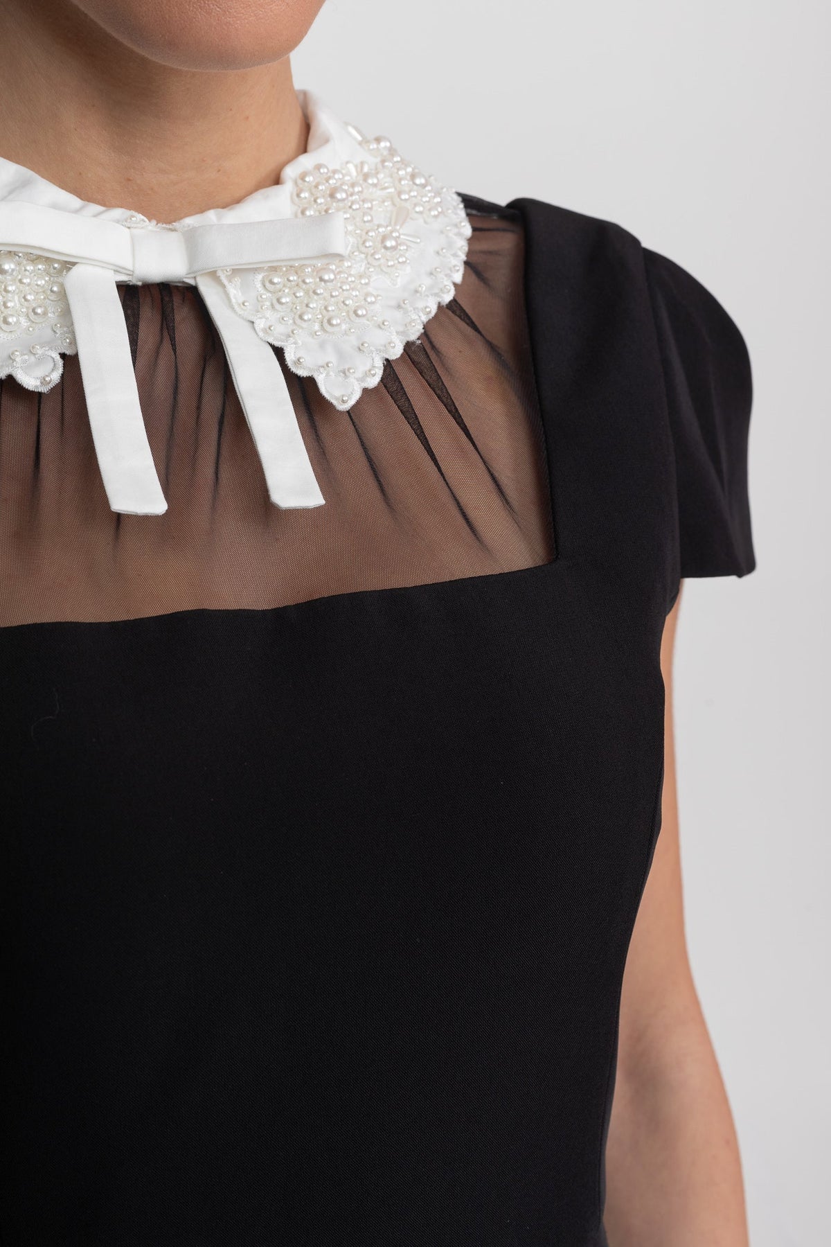 Cap Sleeve Sheer Mesh Yoke Bow Collar Sheath Midi Dress 5