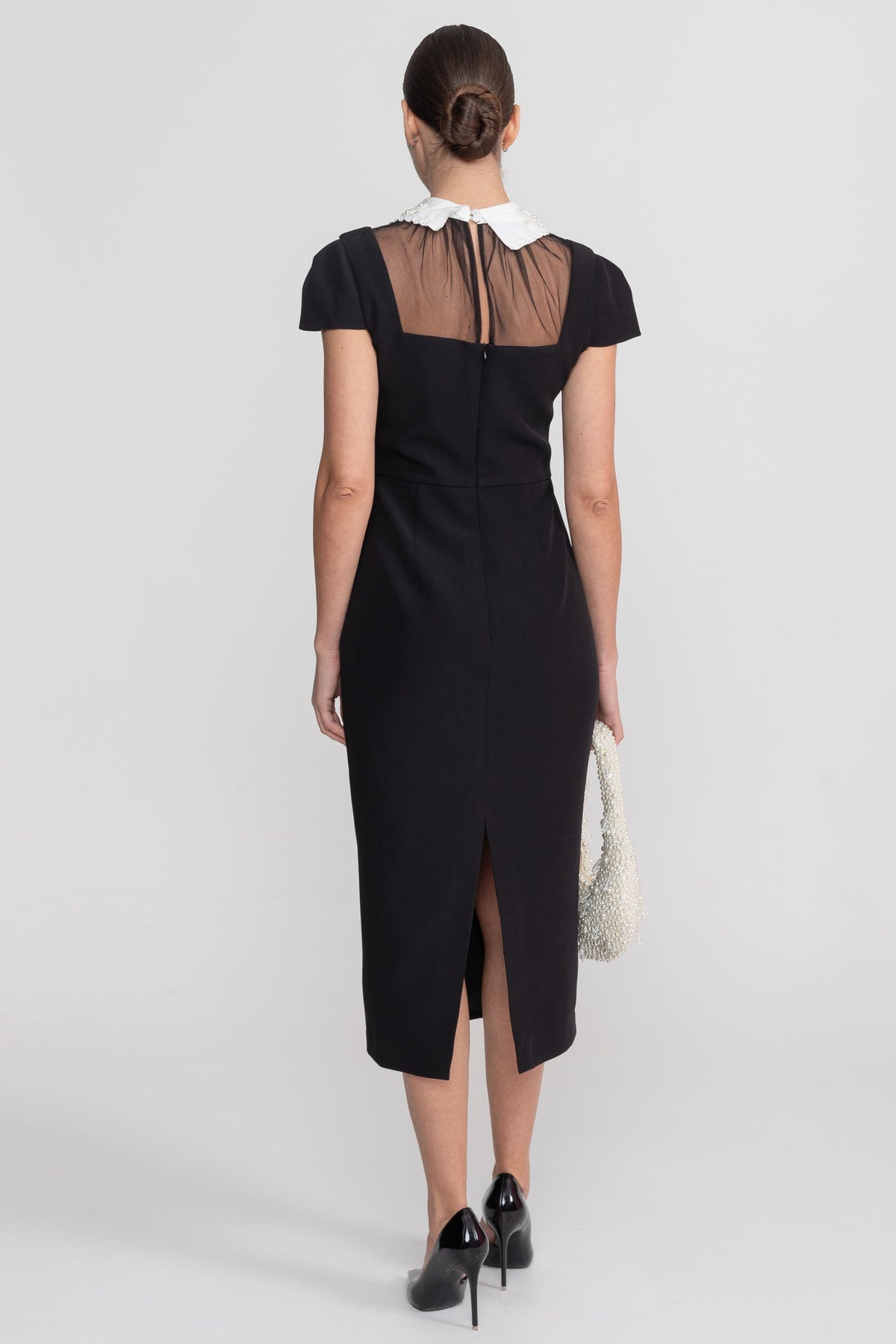 Cap Sleeve Sheer Mesh Yoke Bow Collar Sheath Midi Dress 6