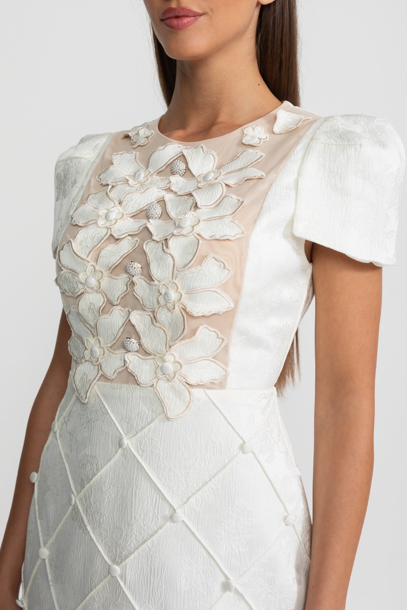 3D Floral Appliqué Mini Dress With Quilted Skirt  – White