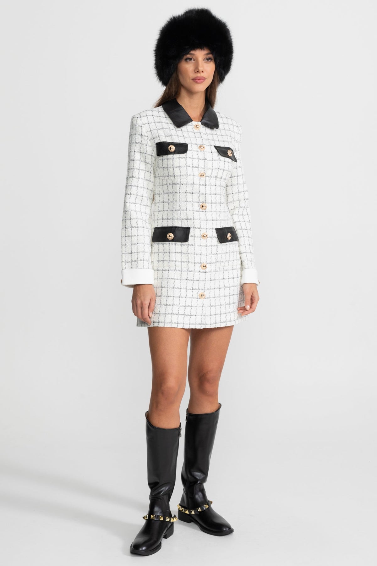 Check Tweed Contrast Collar Long Sleeve Button Front Mini Dress 2