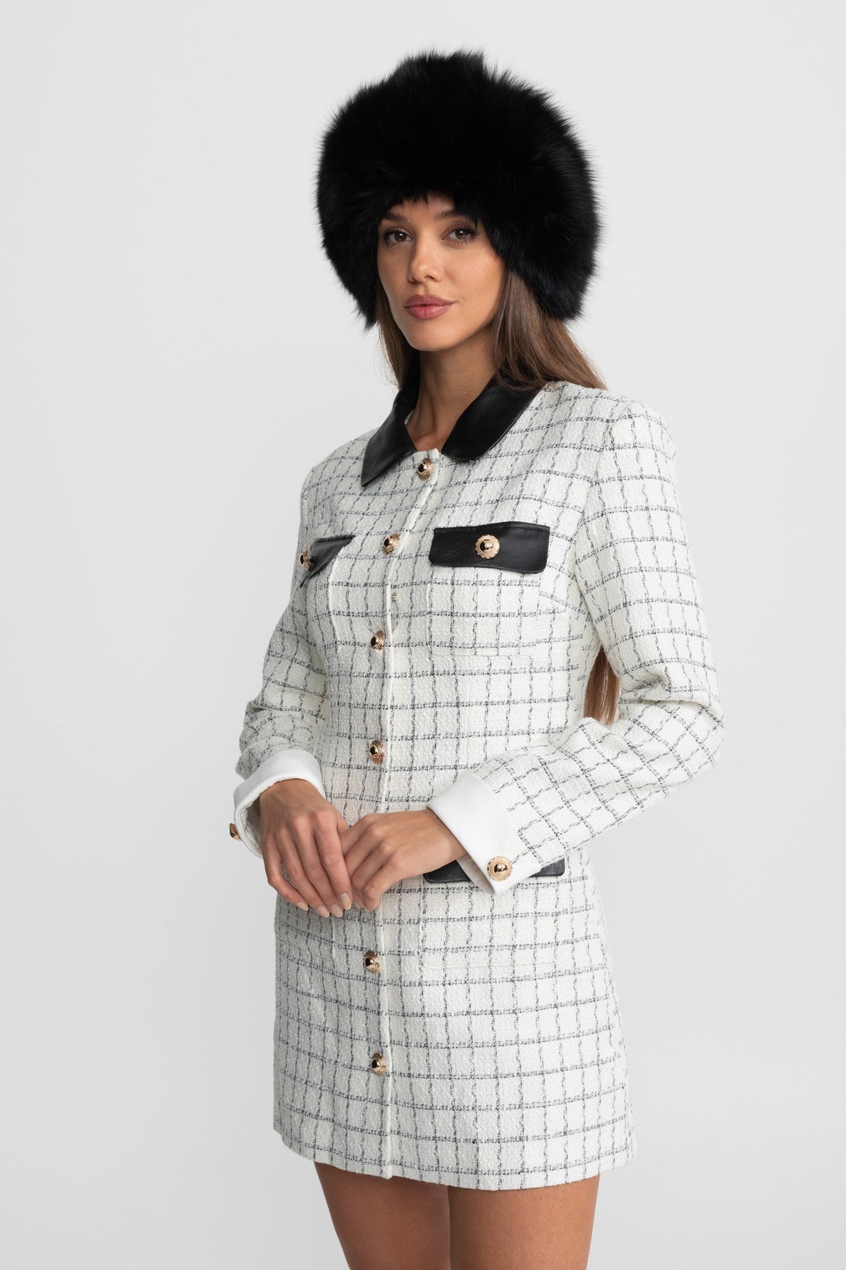 Check Tweed Contrast Collar Long Sleeve Button Front Mini Dress 5