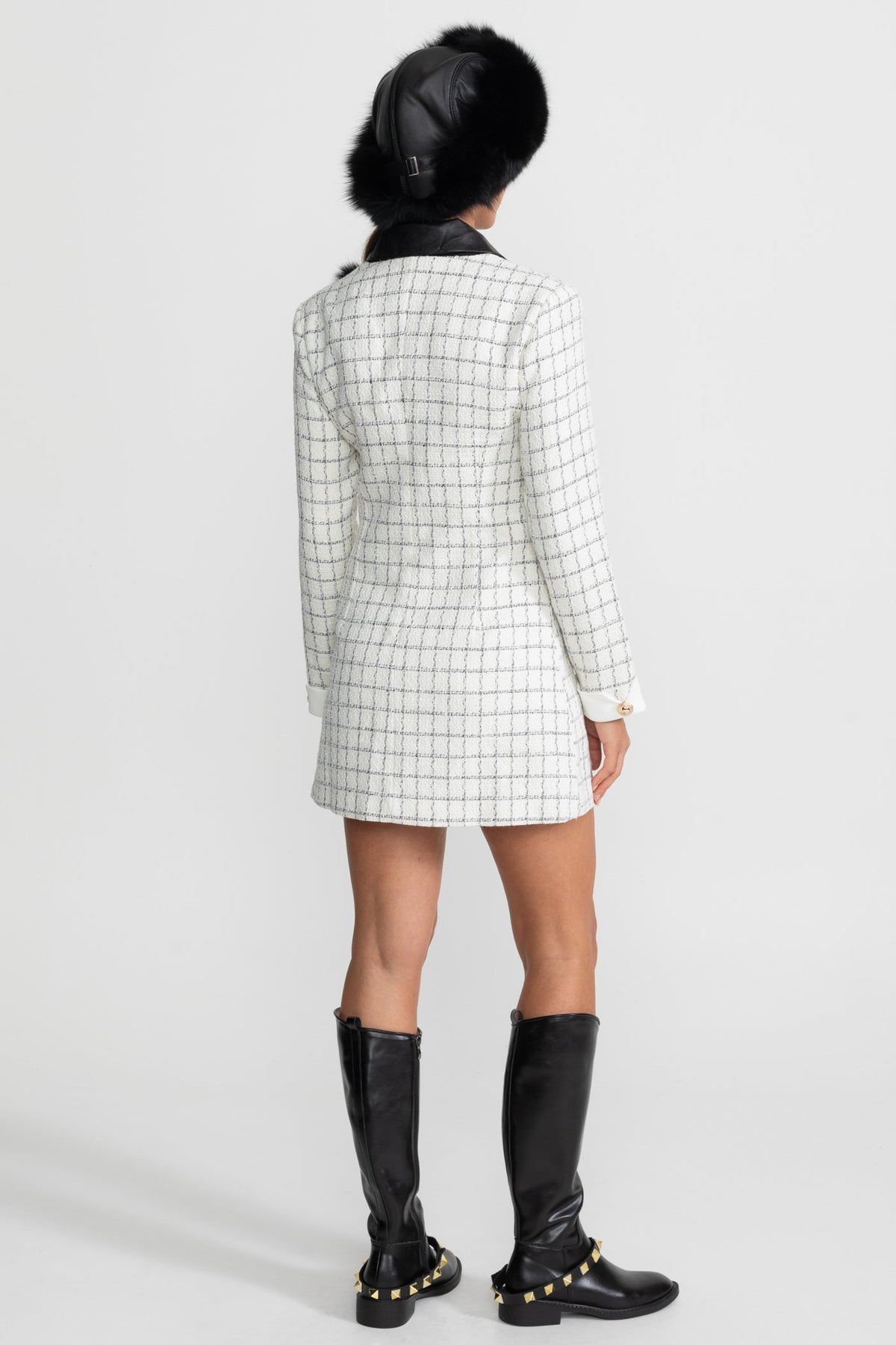 Check Tweed Contrast Collar Long Sleeve Button Front Mini Dress 6