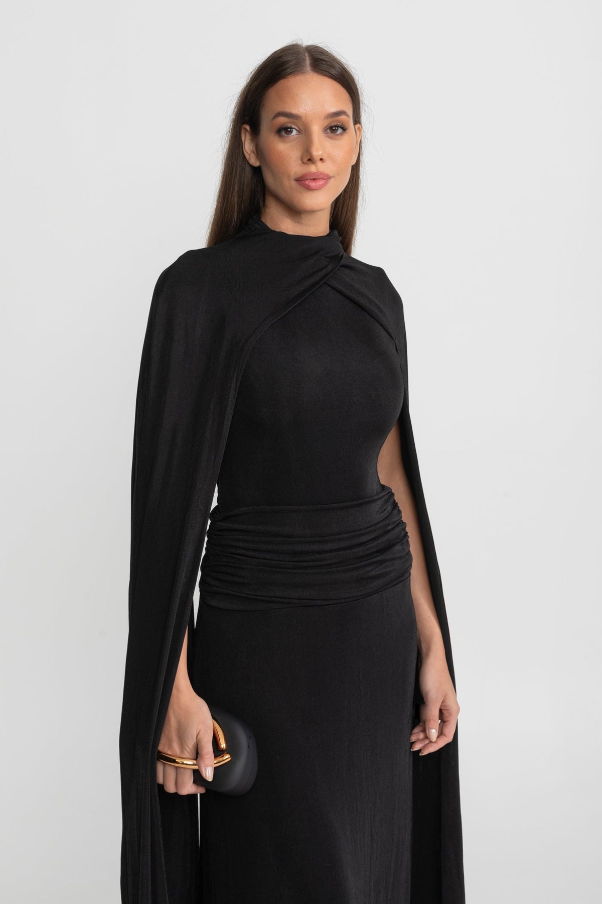 Mock Neck Cape Sleeve Ruched Waist Draped Maxi Dress 5