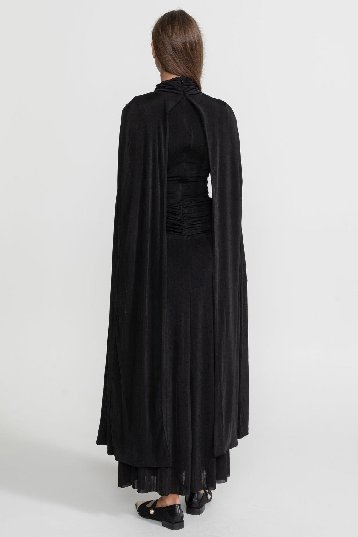 Mock Neck Cape Sleeve Ruched Waist Draped Maxi Dress 6