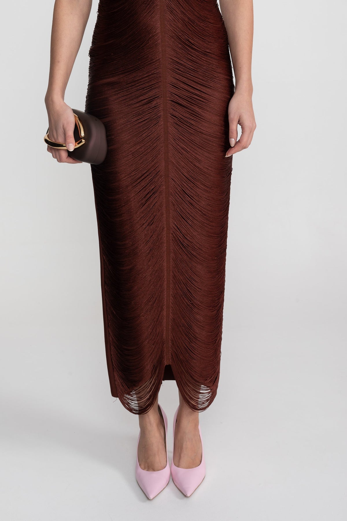Halter Neck Draped Fringe Strand Bodycon Midi Dress 6
