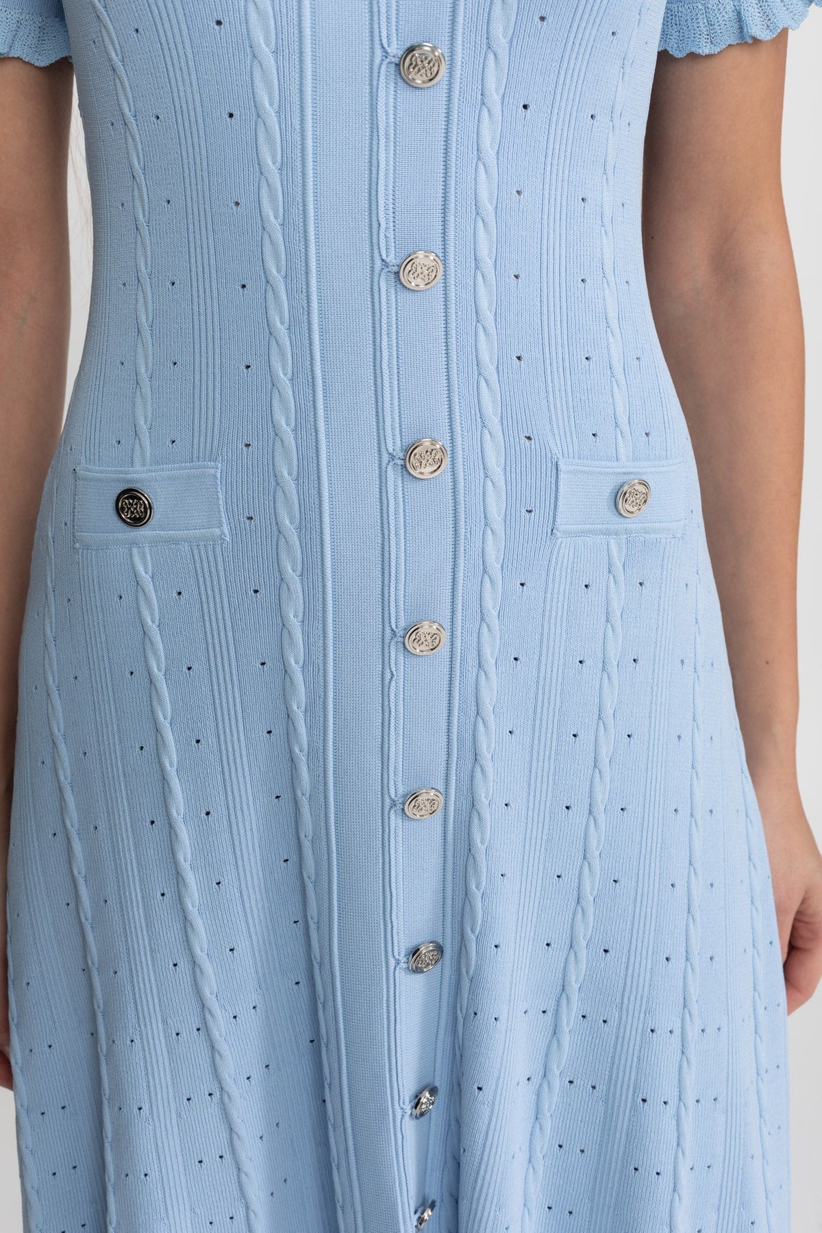 Pointelle Knit Button Front Short Sleeve Ruffle Cuff A-Line Midi Dress 8