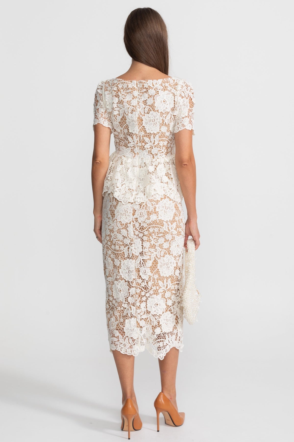 Floral Lace V-Neck Satin Collar Short Sleeve Peplum Button Front Midi Dress 6