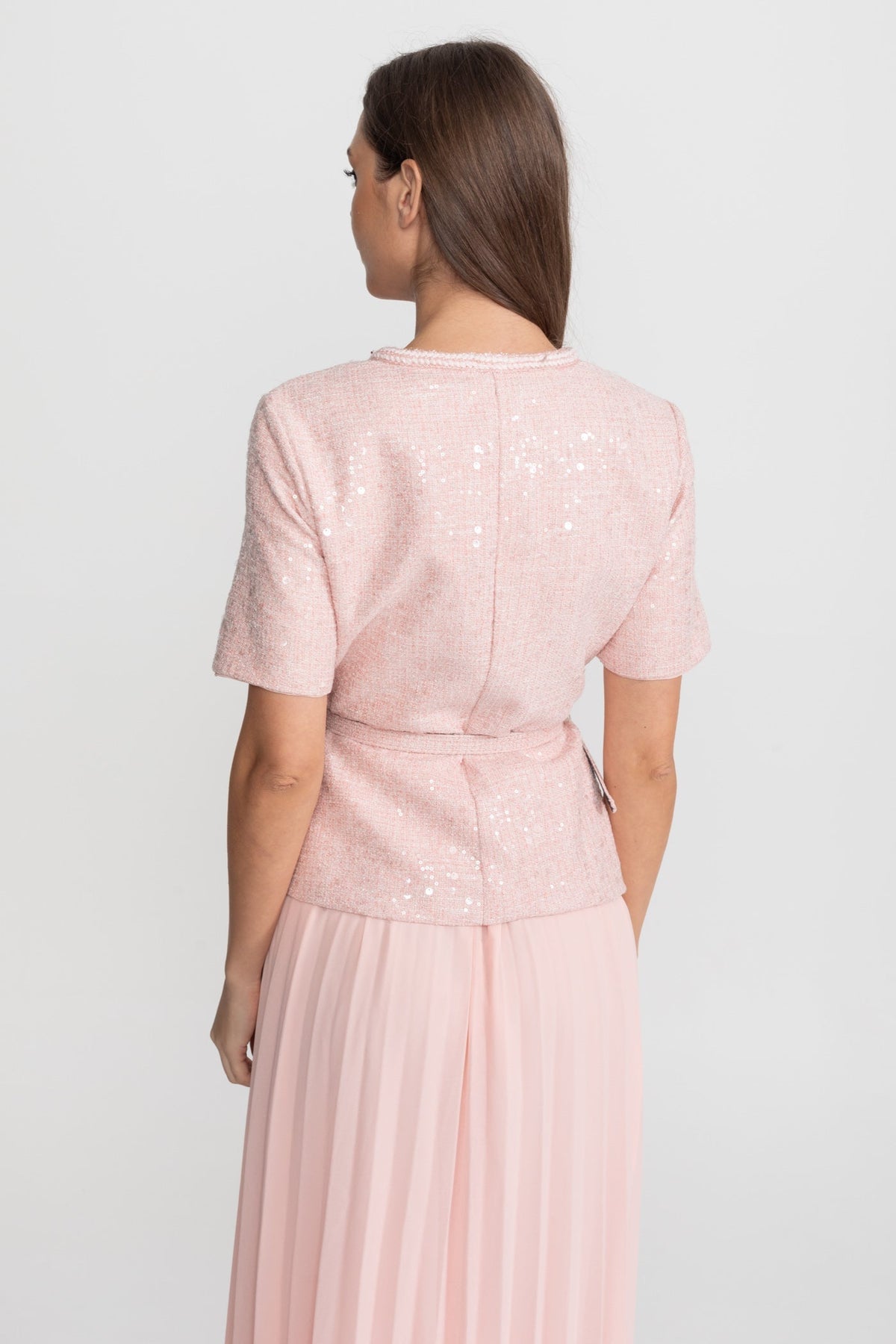 Sequin Tweed Short Sleeve Belted Pleated Chiffon Skirt Midi Dress 6
