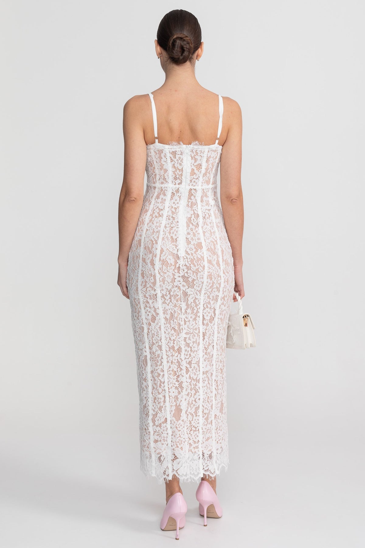 Lace Sweetheart Neck Spaghetti Strap Corset Bodice Scalloped Hem Midi Dress 9