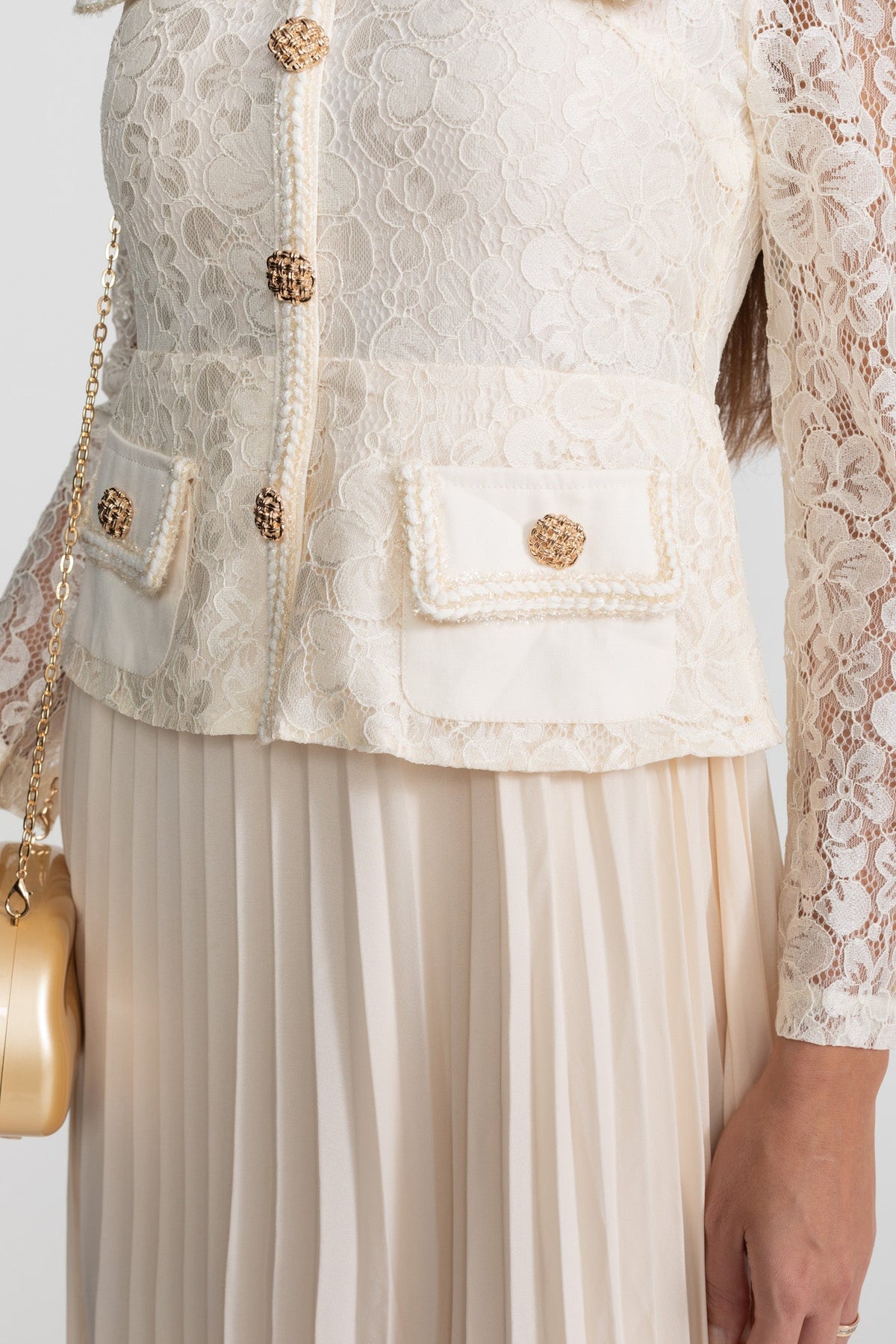 Lace Long Sleeve Button Front Belted Peplum Pleated Midi Dress 4
