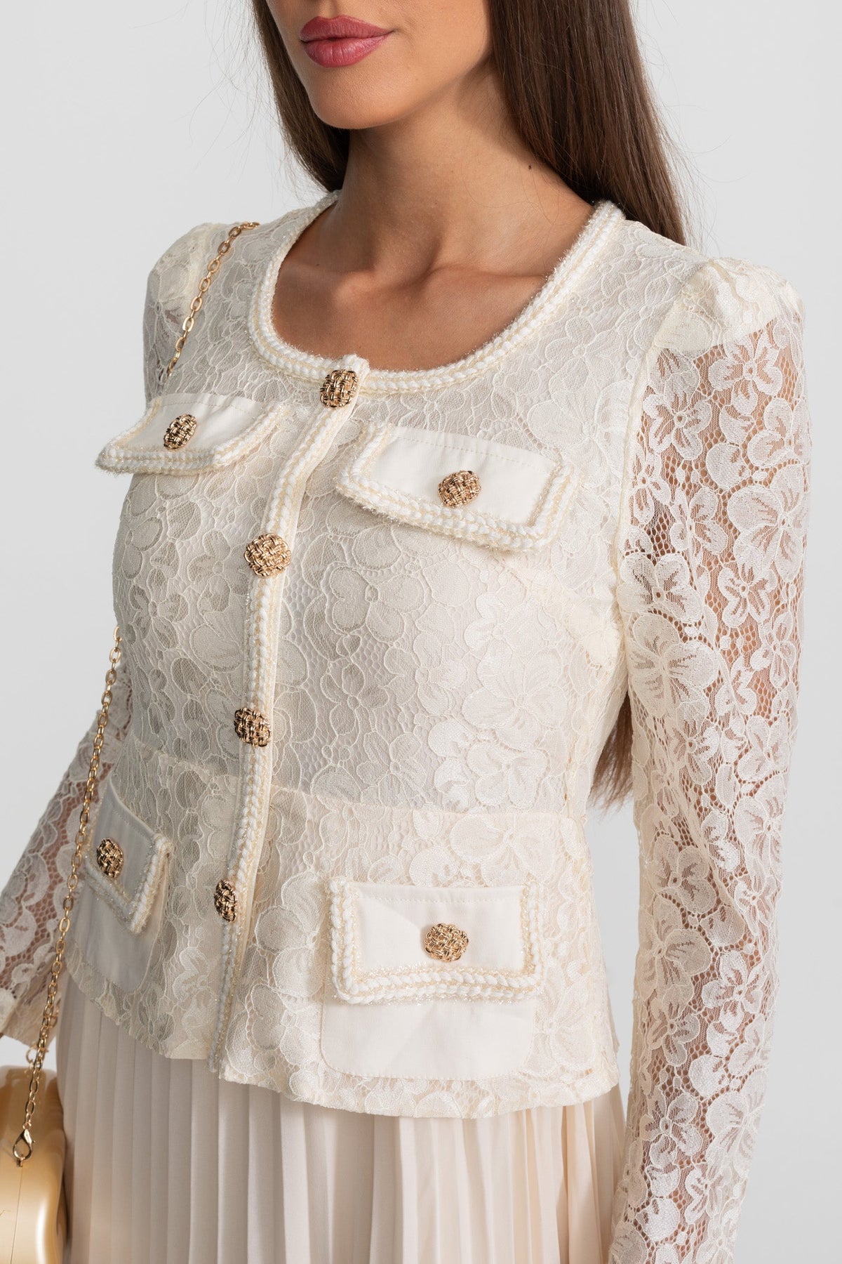 Lace Long Sleeve Button Front Belted Peplum Pleated Midi Dress 5