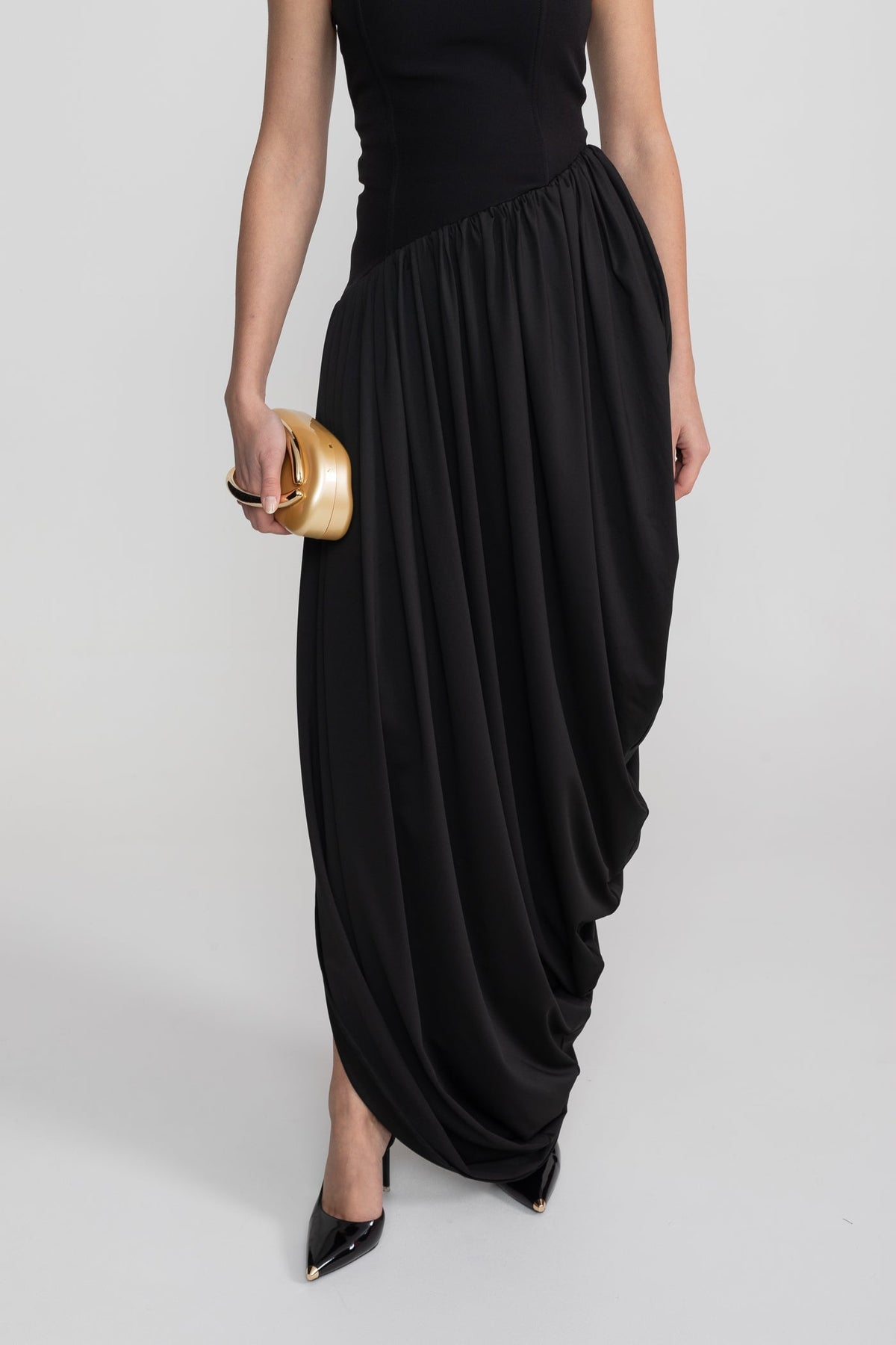 Strapless Corset Bodice Asymmetric Draped Skirt Maxi Dress 5