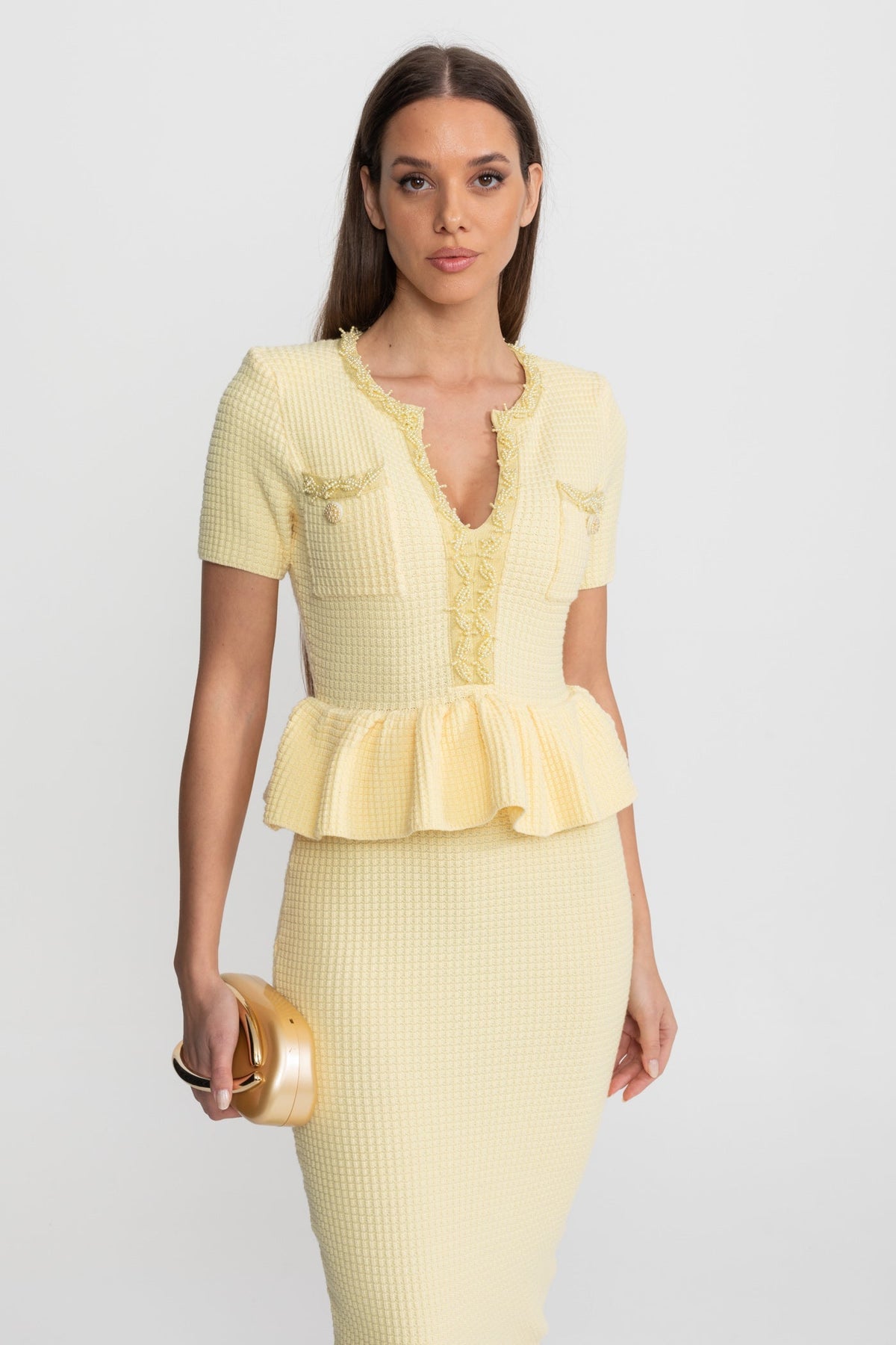 Textured Knit Short Sleeve Embellished Trim Peplum Waist Bodycon Midi Dress 8