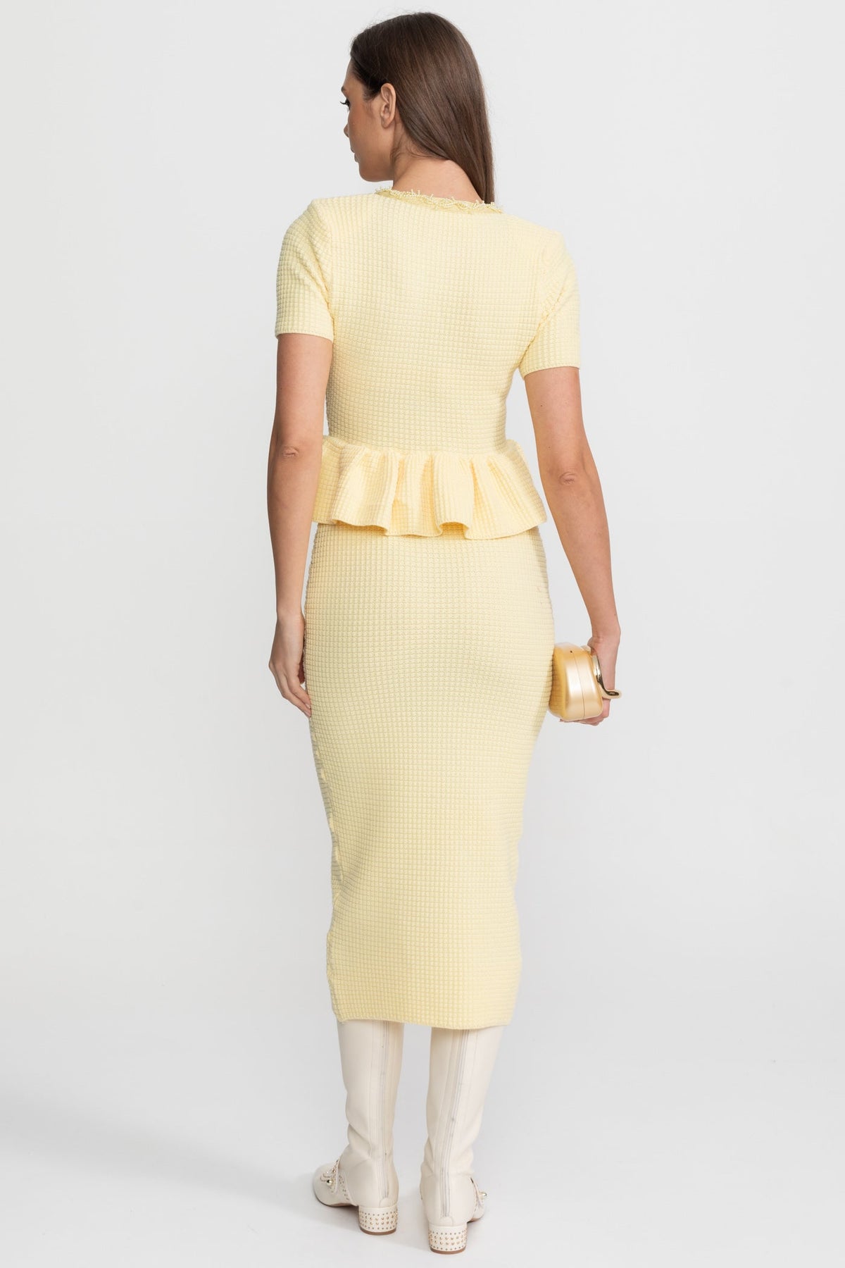 Textured Knit Short Sleeve Embellished Trim Peplum Waist Bodycon Midi Dress 7