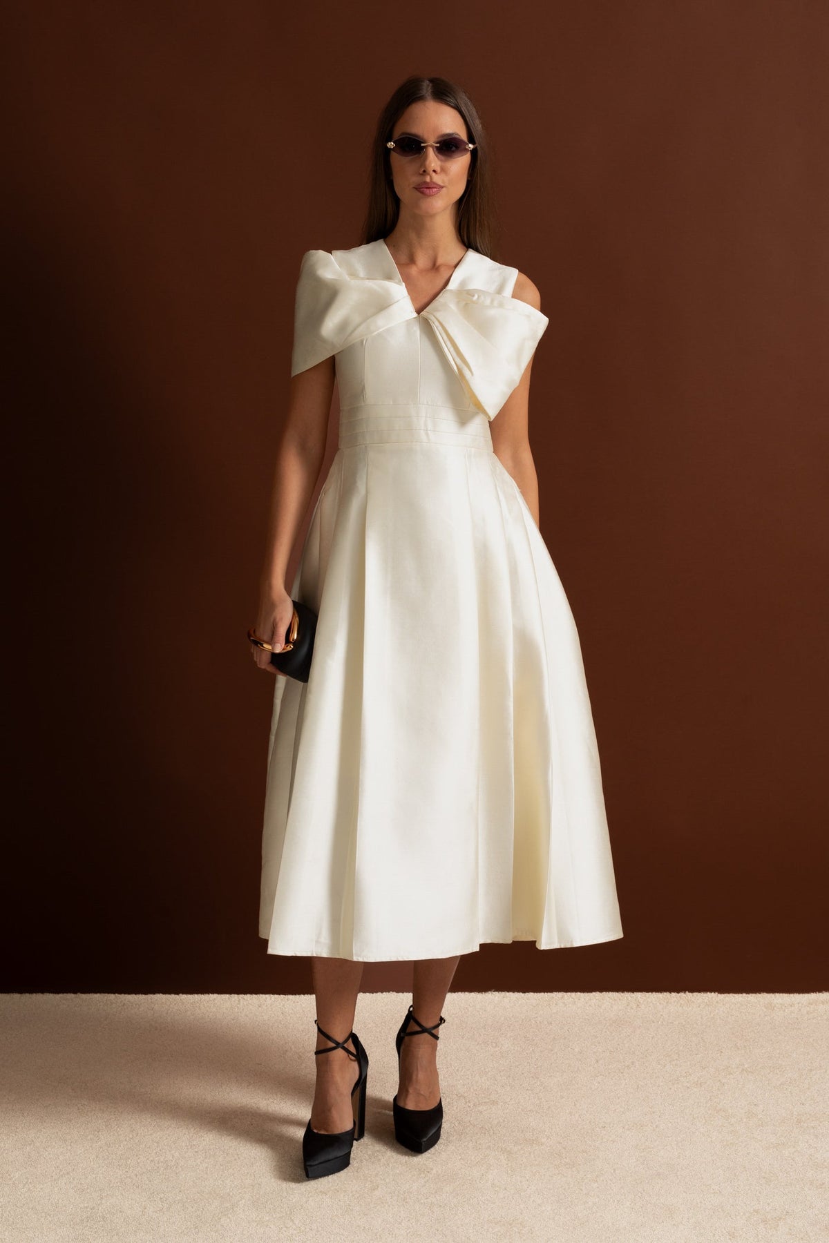 Satin V-Neck Oversized Bow Shoulder Sleeveless Pleated A-Line Midi Dress 5
