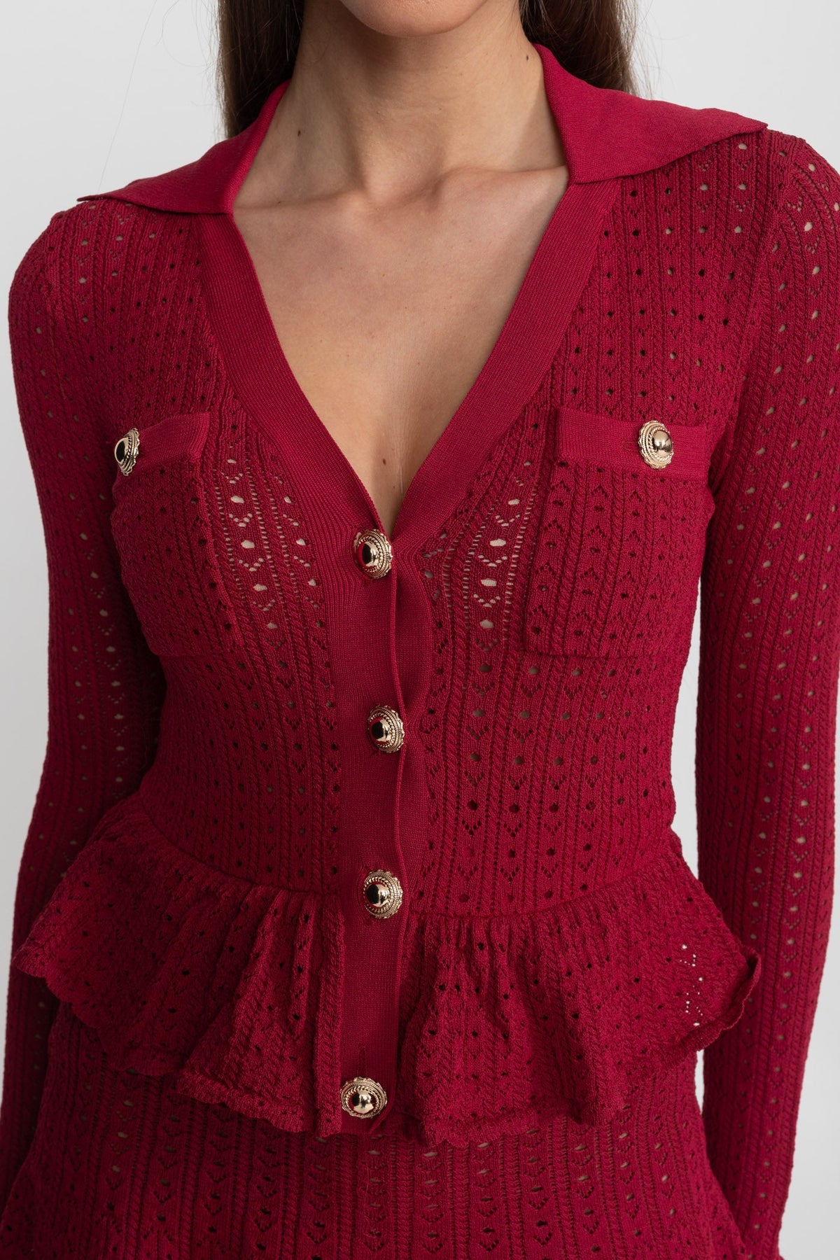 Pointelle Knit V-Neck Collared Long Sleeve Peplum Waist Flared Mini Dress 6
