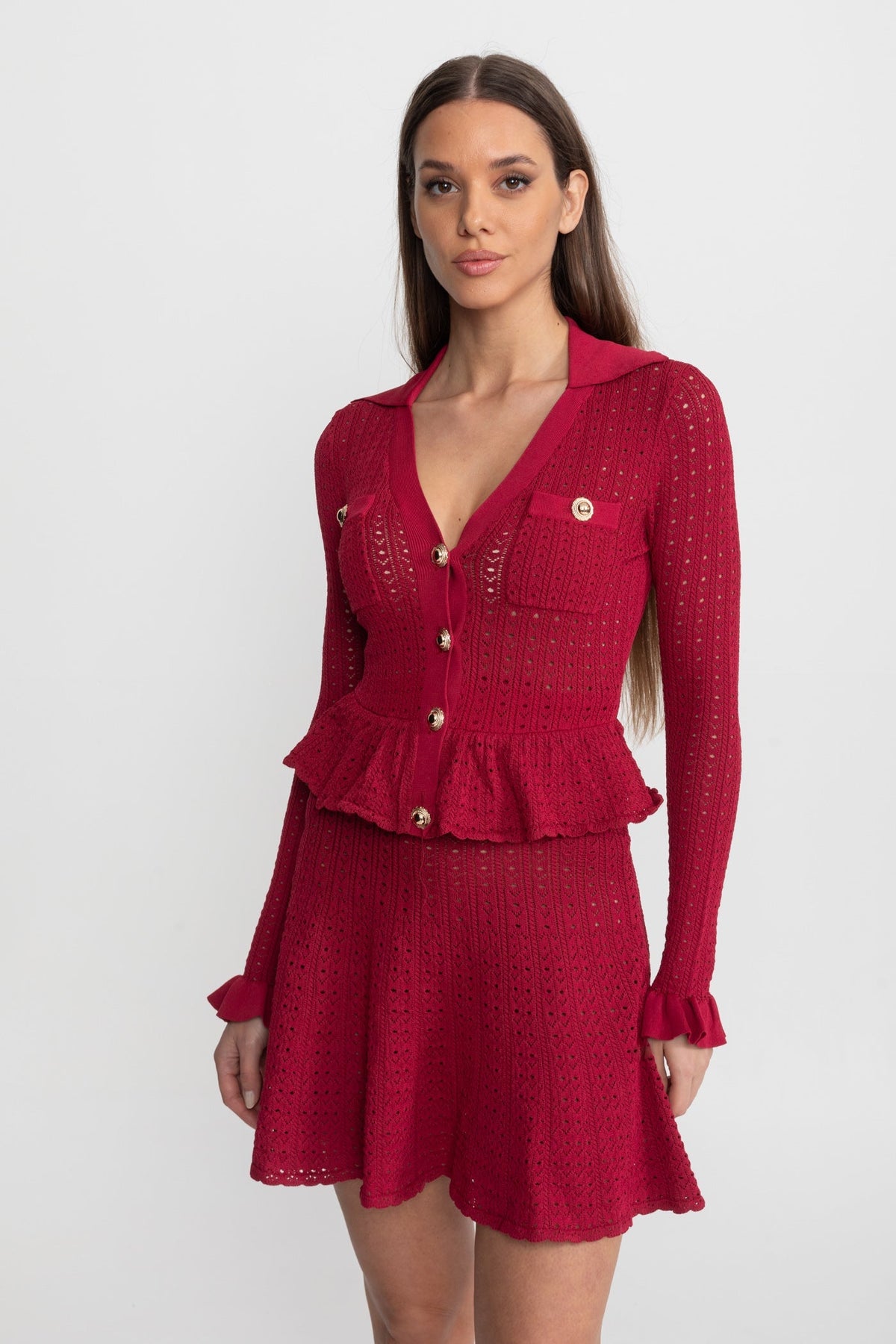 Pointelle Knit V-Neck Collared Long Sleeve Peplum Waist Flared Mini Dress 4