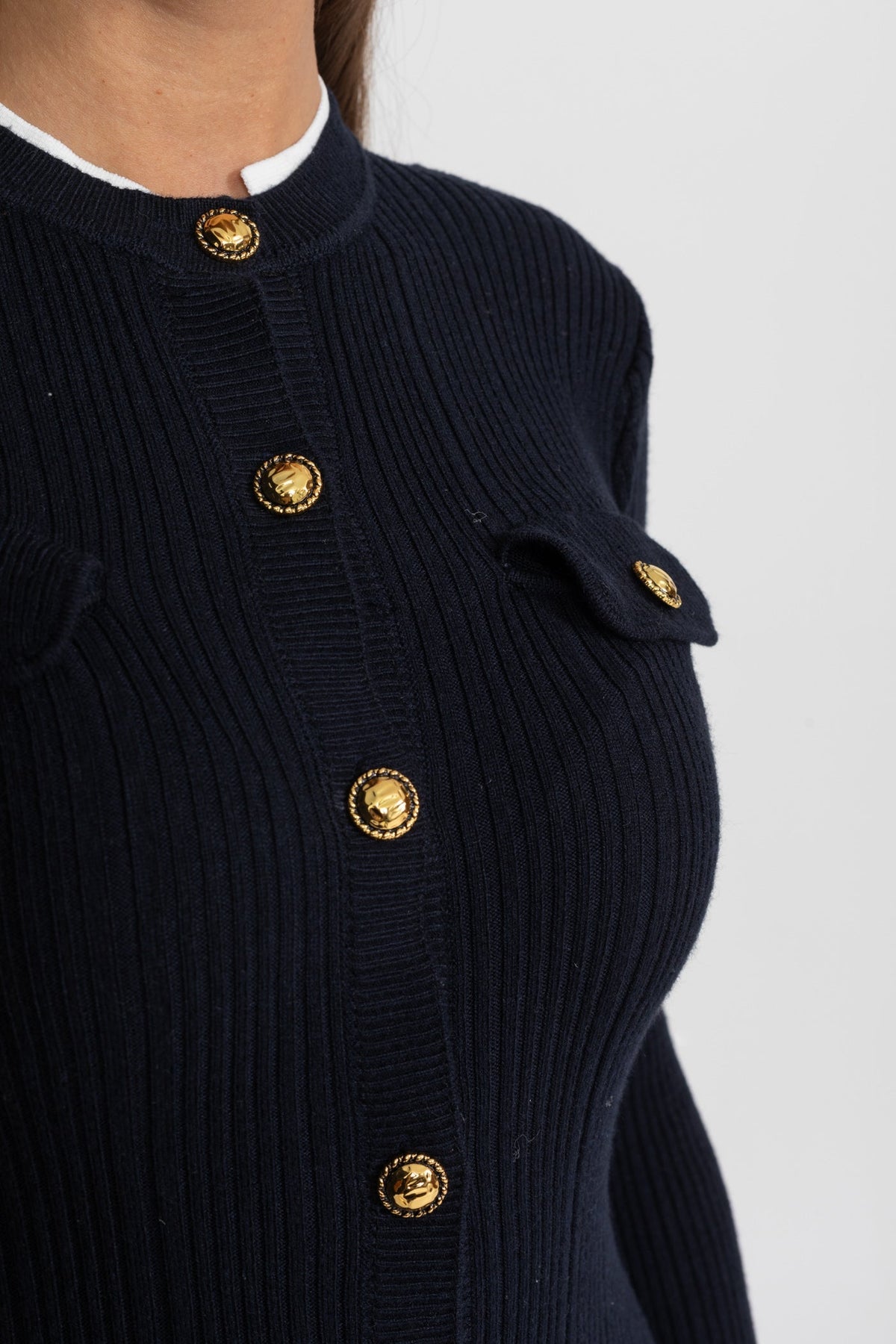 Ribbed Knit Button Front Long Sleeve Contrast Cuff A-Line Midi Dress 7