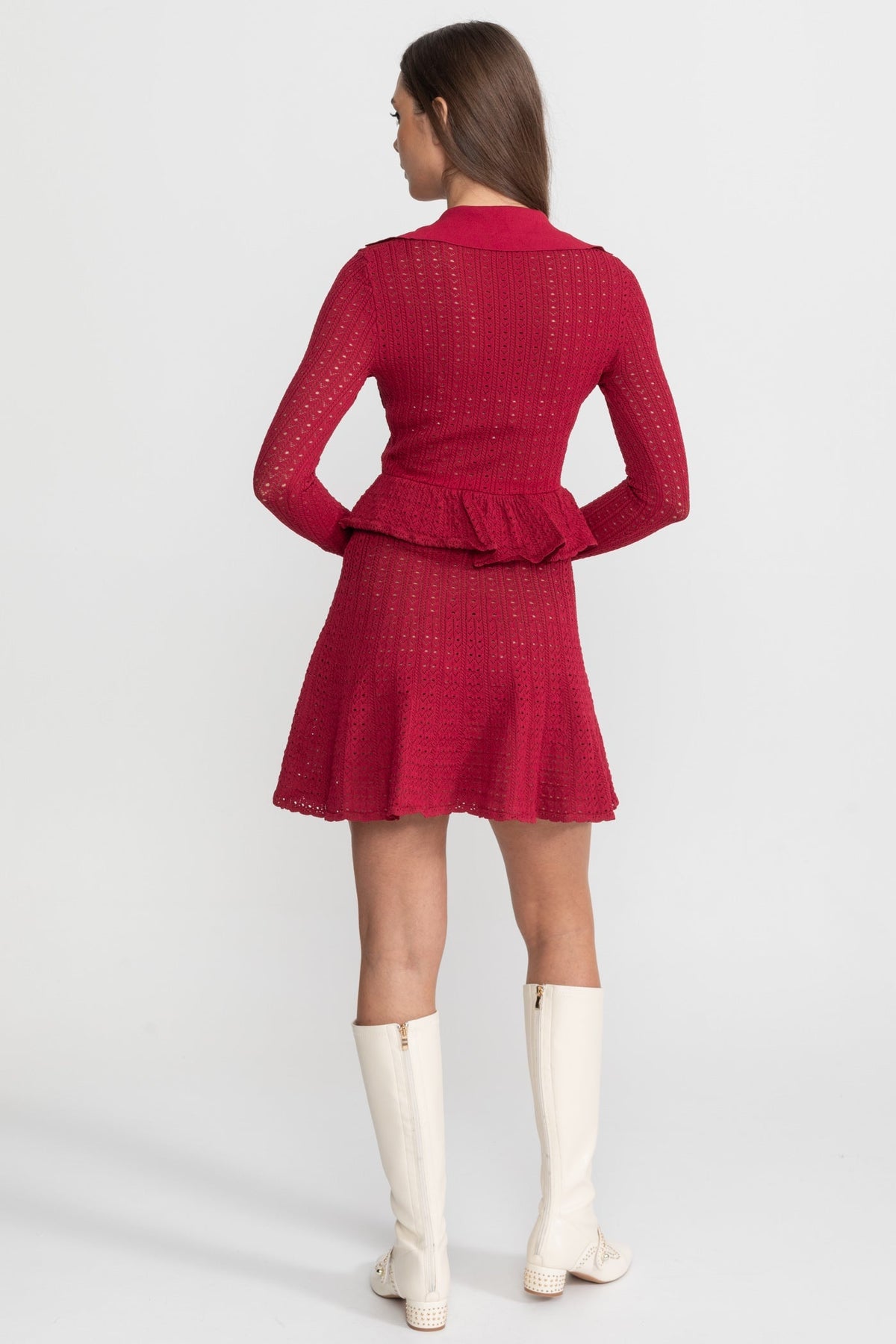 Pointelle Knit V-Neck Collared Long Sleeve Peplum Waist Flared Mini Dress 7