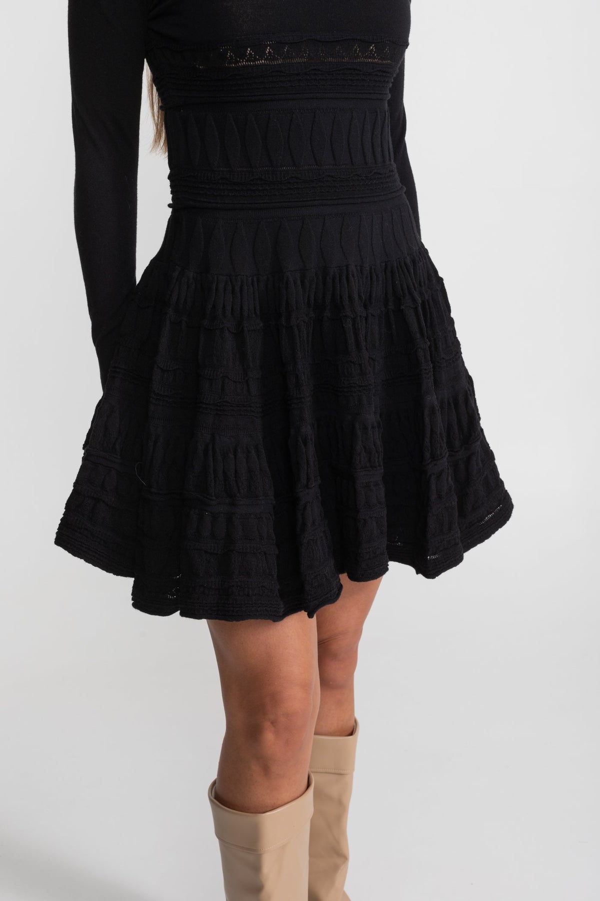 Mock Neck Long Sleeve Textured Knit Tiered Fit and Flare Mini Dress 5