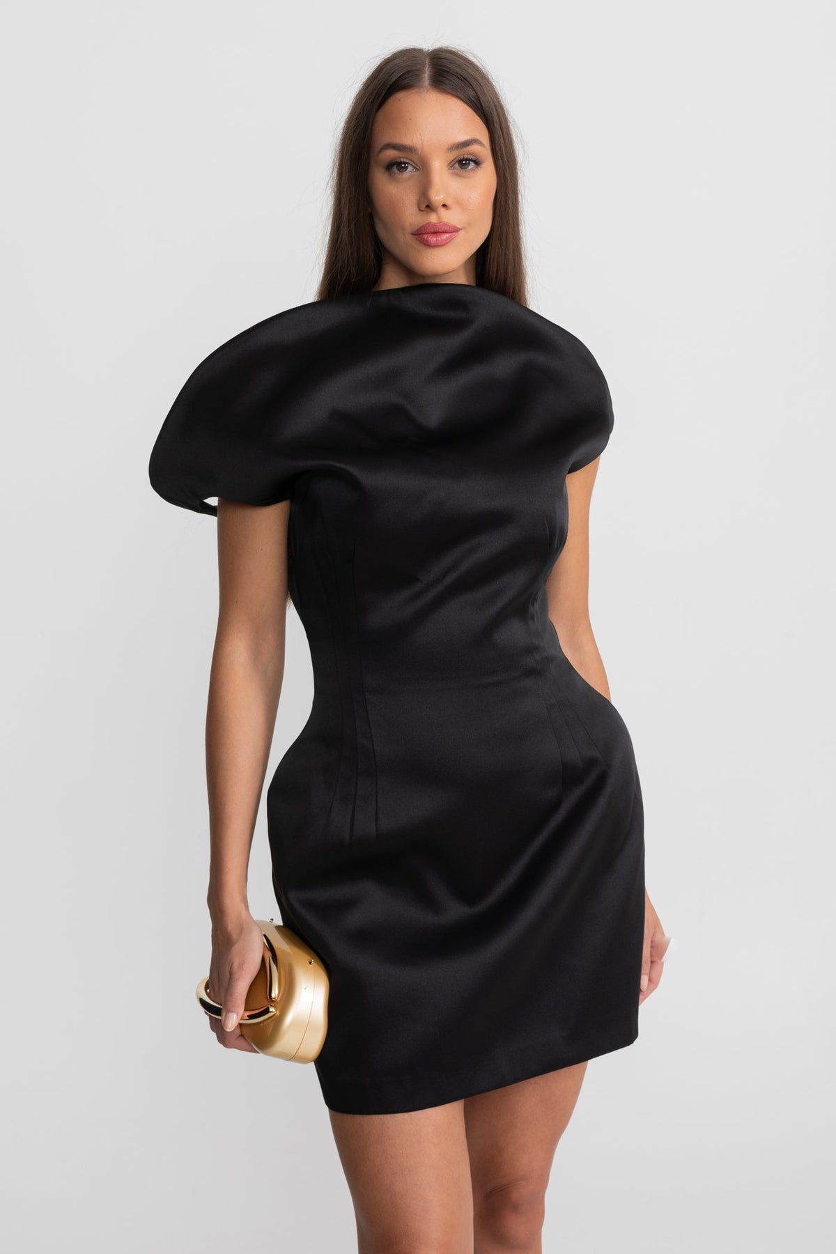 Satin Sculptural Shoulder Boat Neck Structured Hip Mini Dress 6