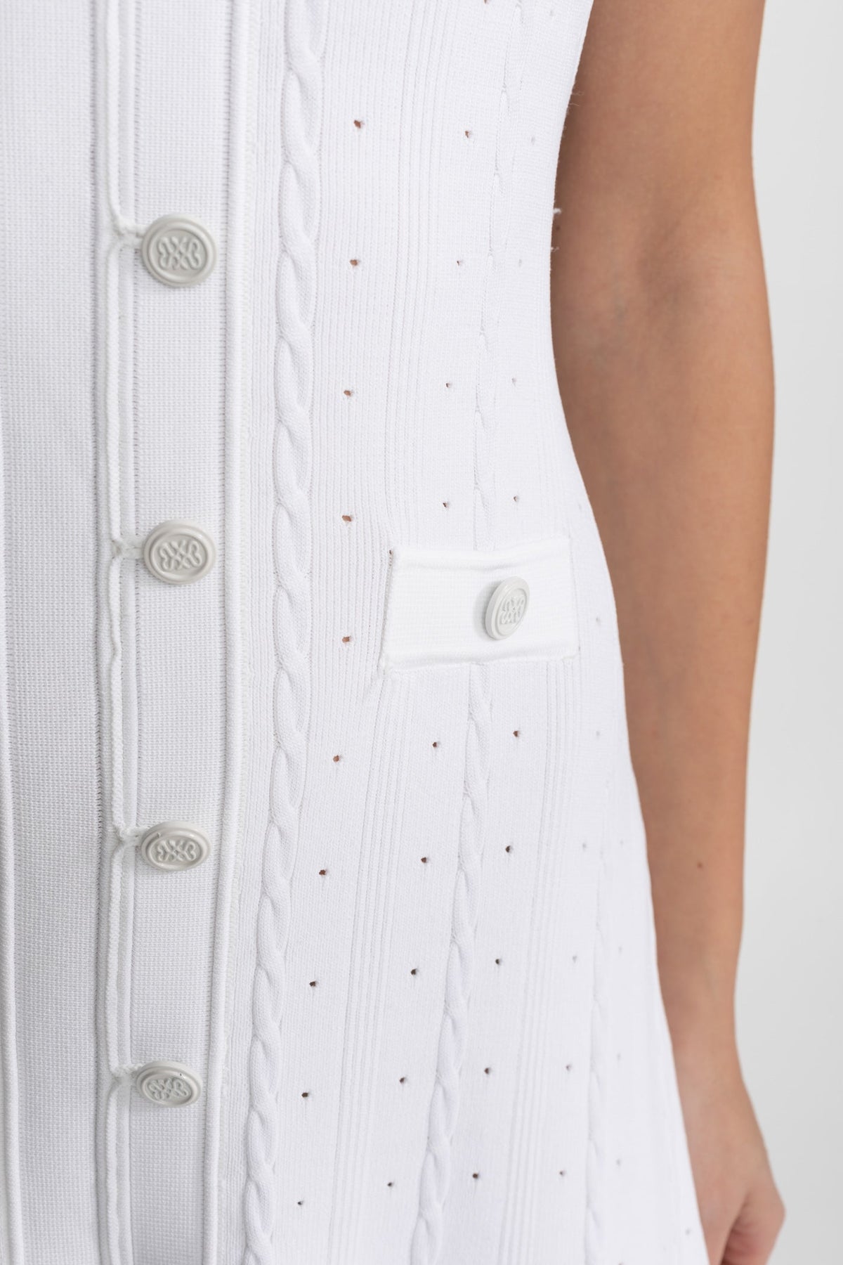 Pointelle Knit Button Front Short Sleeve Ruffle Cuff A-Line Midi Dress 7