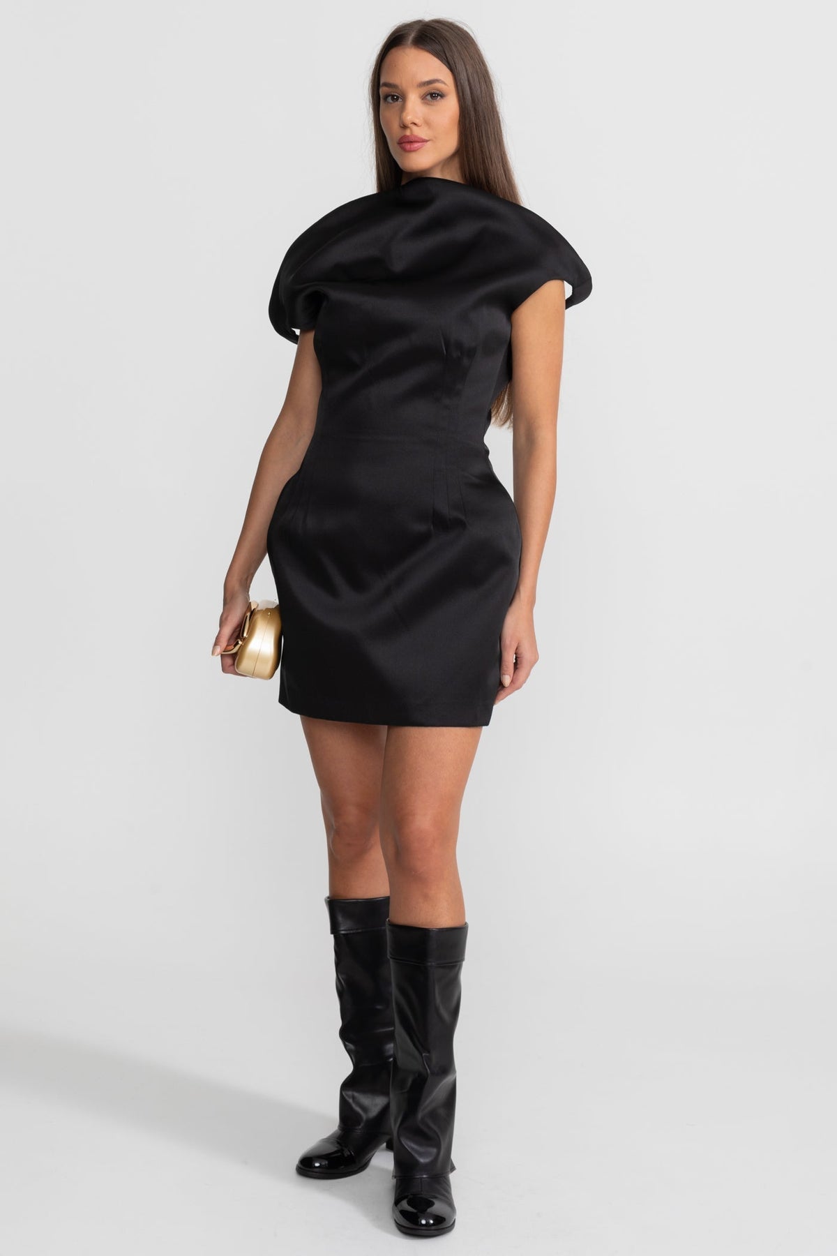 Satin Sculptural Shoulder Boat Neck Structured Hip Mini Dress 5