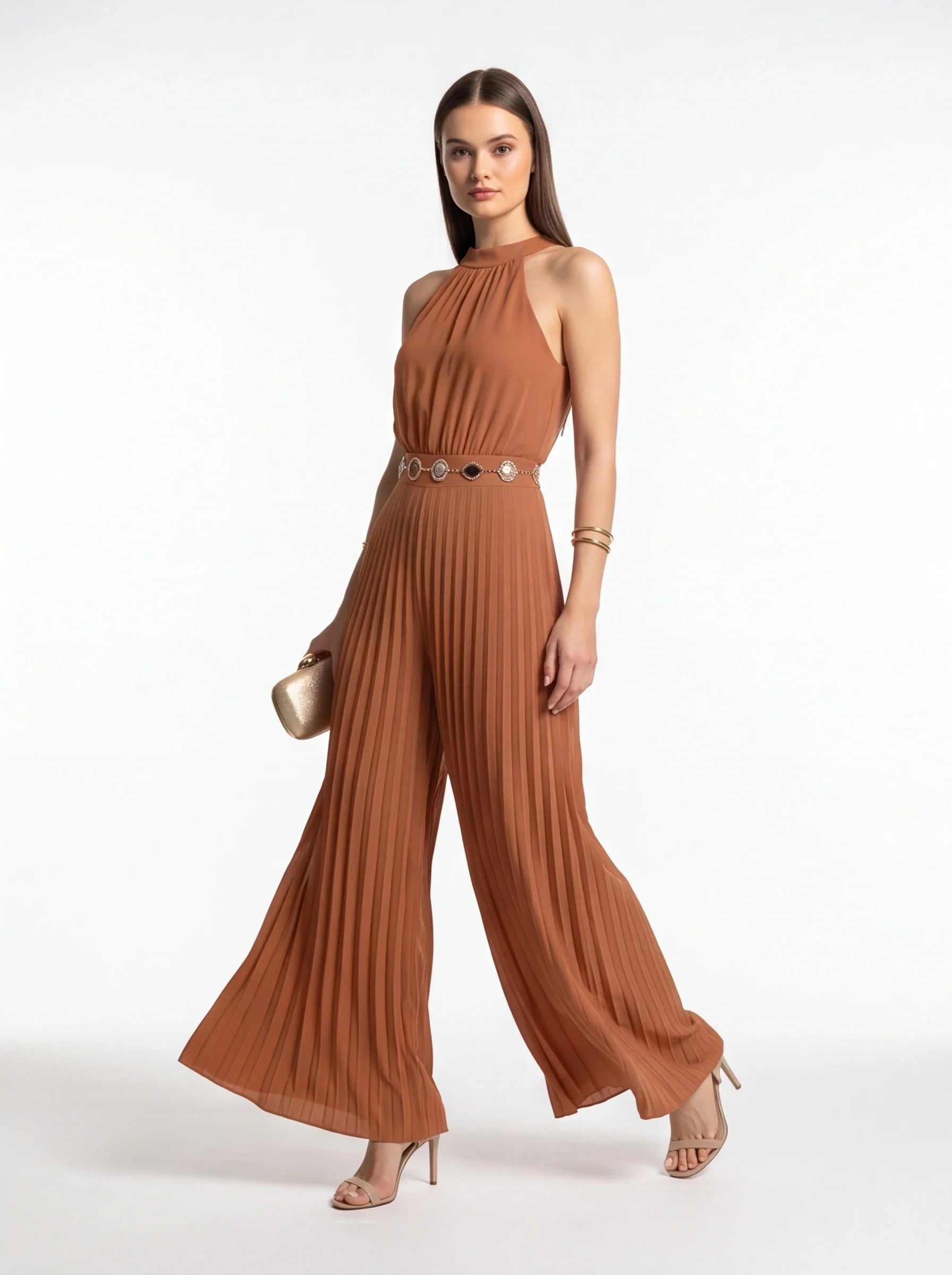 Elegant Pleated Wide-Leg Jumpsuit with Adjustable Straps & Pockets
