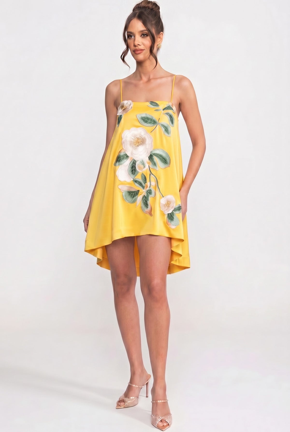 Satin Floral Applique Square Neck Spaghetti Strap Swing Mini Dress 3