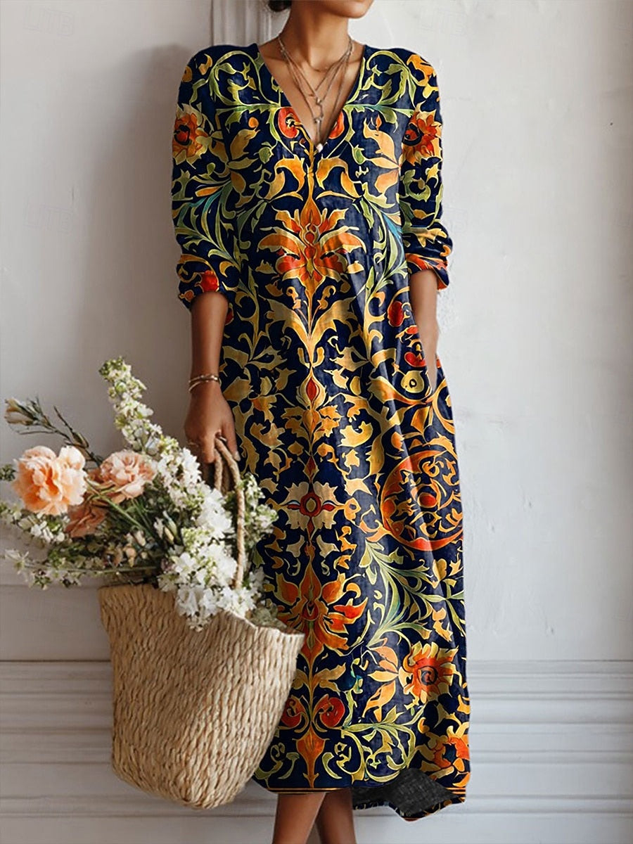 Paisley Floral Print V-Neck Long Sleeve Maxi Dress