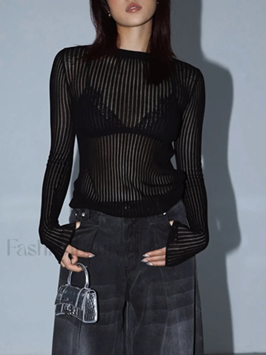 See Through Graceful Ribbed Mesh Top Black / XS Sweaters L