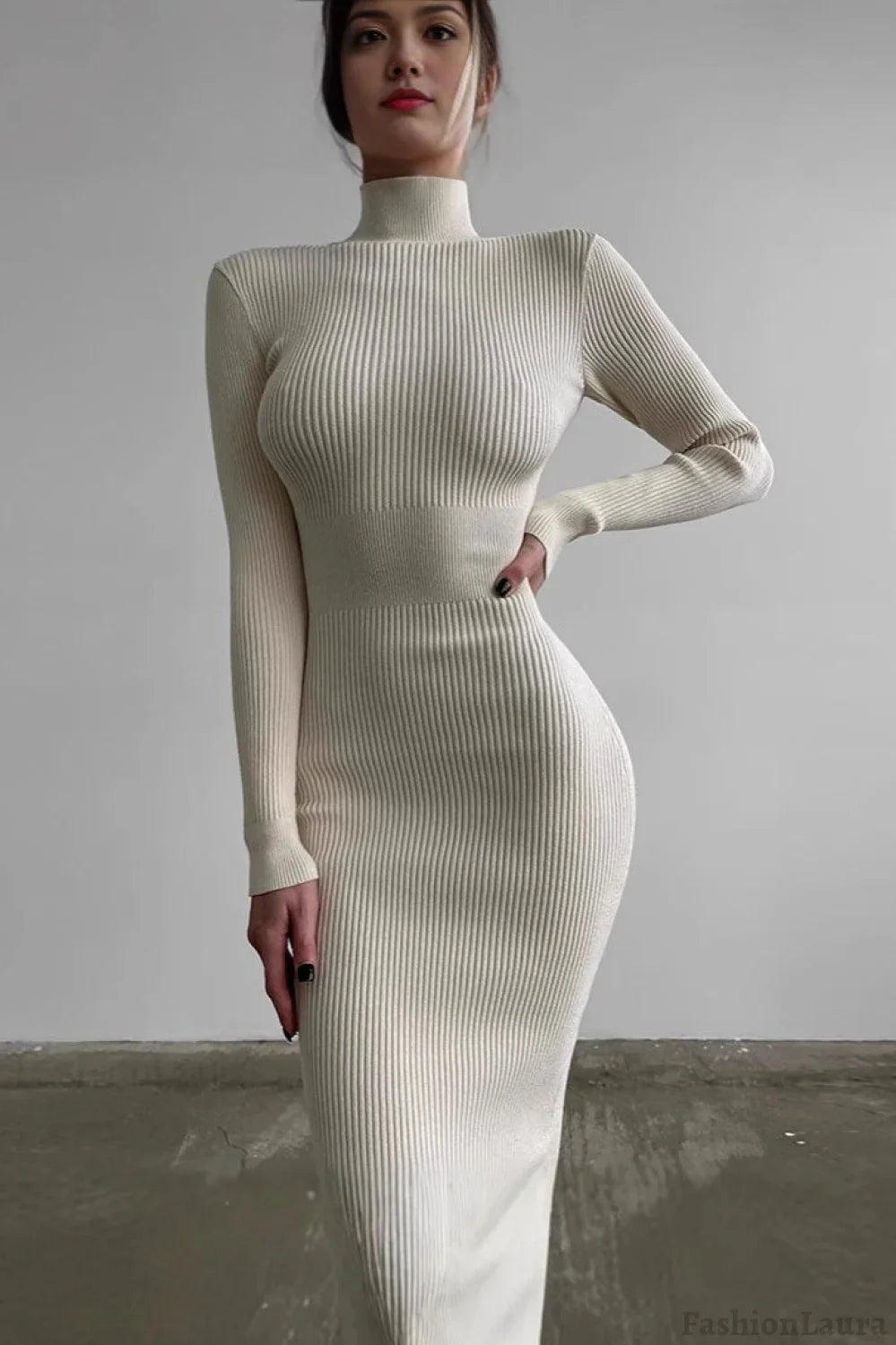 Semi-High Neck Slim Fitted Knit Sweater Dress S / White-Long